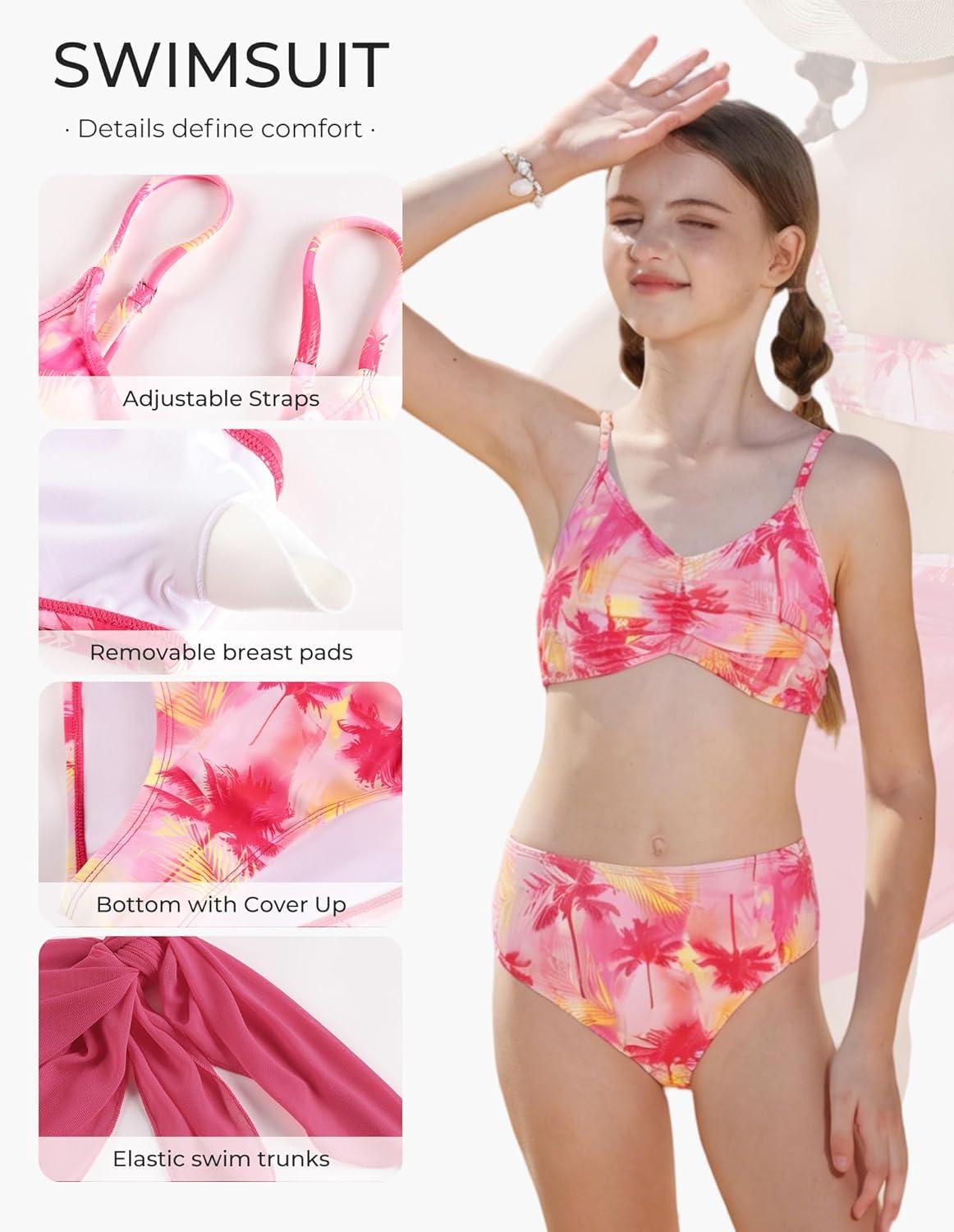 imageGRACE KARIN Girls Swimsuit Bikini Bathing Suit for Teens Ruched Tankini Beach Hawaii Swimwear with Cover Up Skirt 816YRose Red Coconut