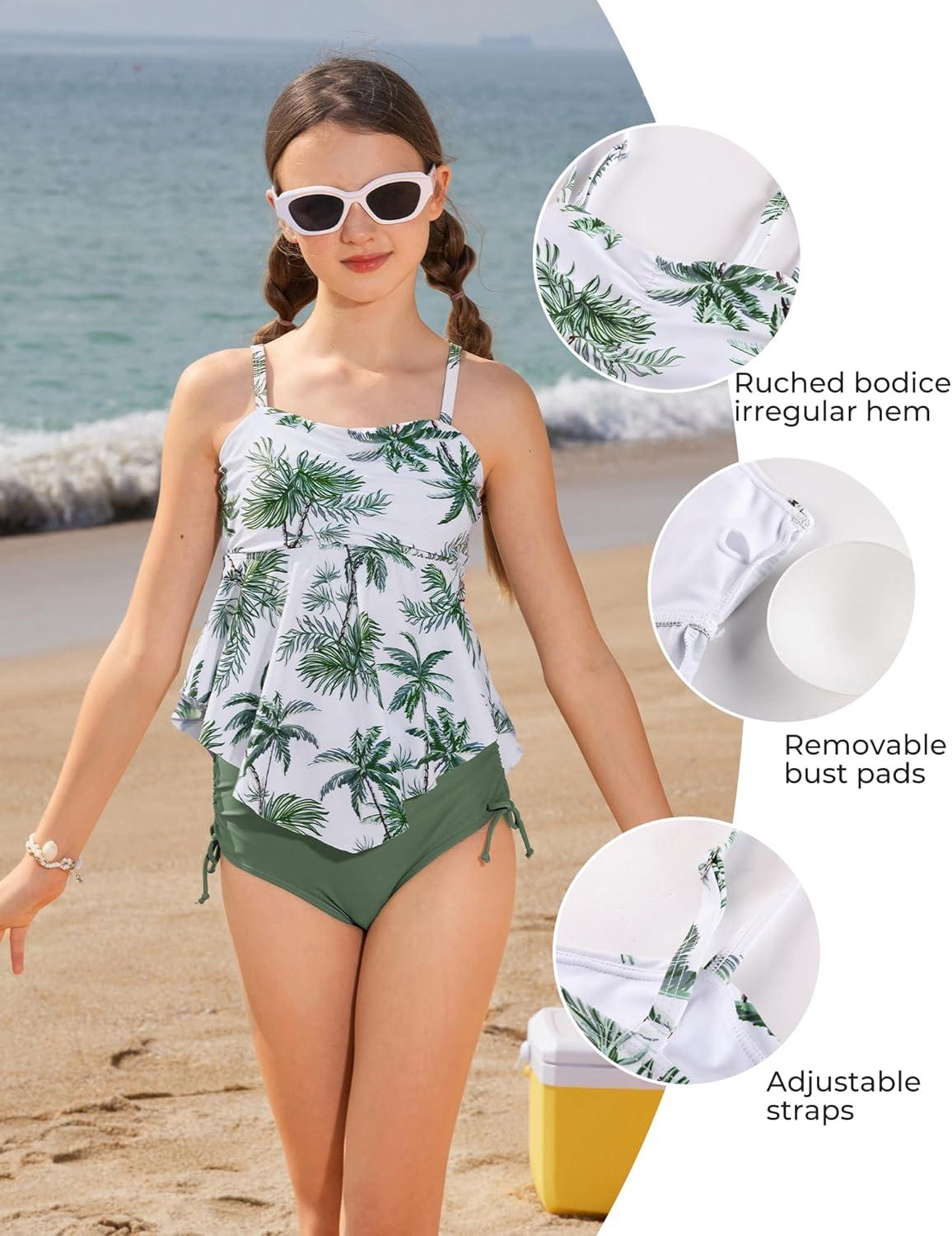 imageGRACE KARIN Girls Tankini Swimsuit Swimwear Teen Cute Ruffle Bathing Suit Kids 2 Piece Shirred Bikini Set with Padded 816Army Greencoconut Tree