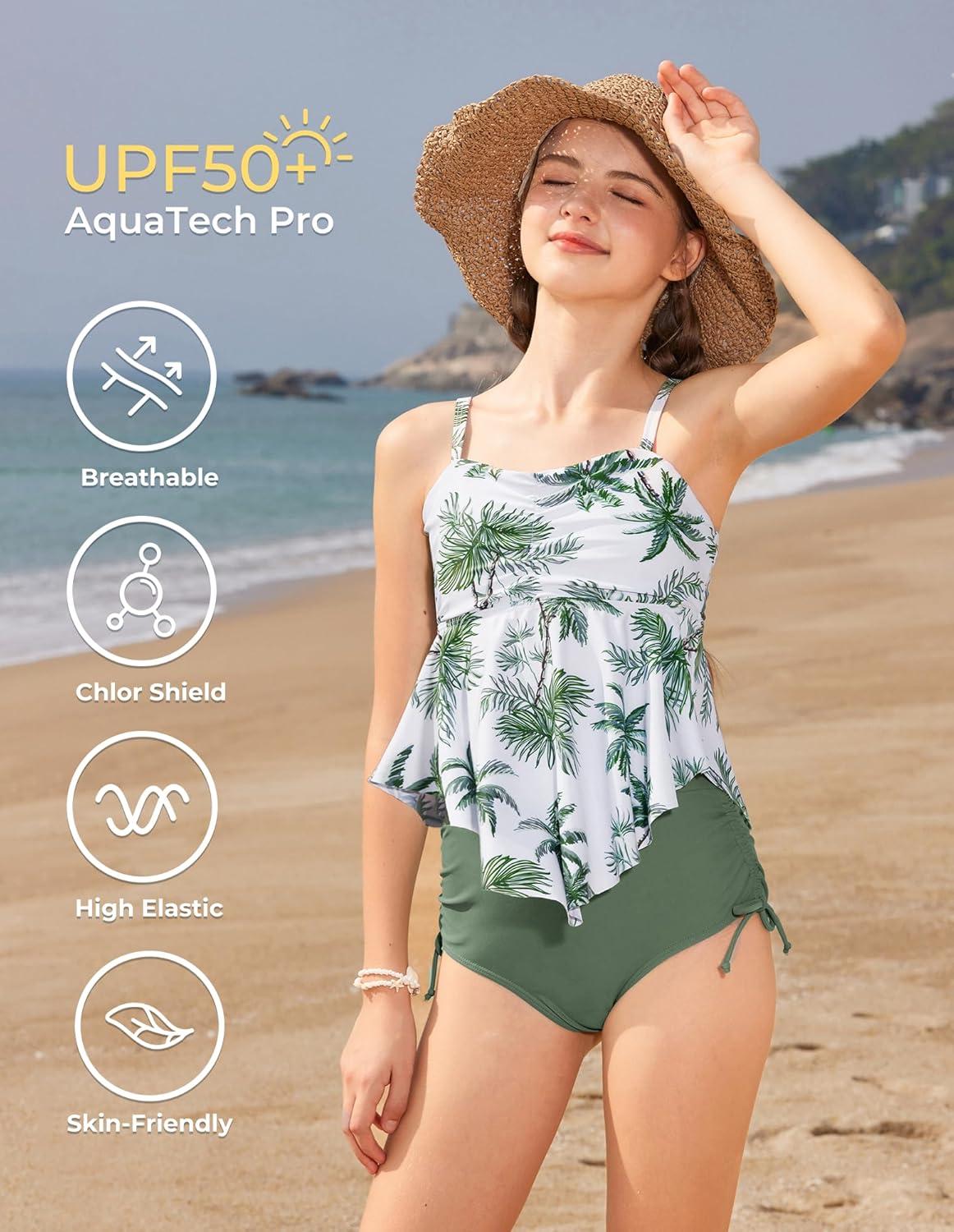 imageGRACE KARIN Girls Tankini Swimsuit Swimwear Teen Cute Ruffle Bathing Suit Kids 2 Piece Shirred Bikini Set with Padded 816Army Greencoconut Tree