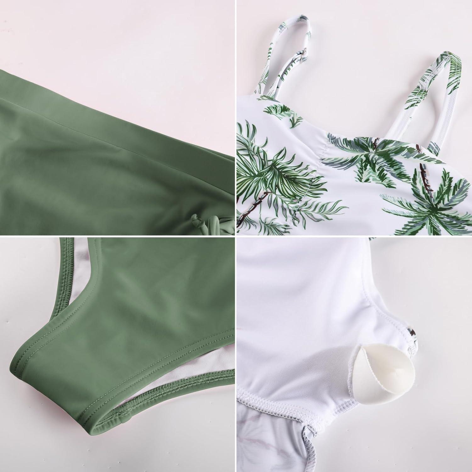 imageGRACE KARIN Girls Tankini Swimsuit Swimwear Teen Cute Ruffle Bathing Suit Kids 2 Piece Shirred Bikini Set with Padded 816Army Greencoconut Tree