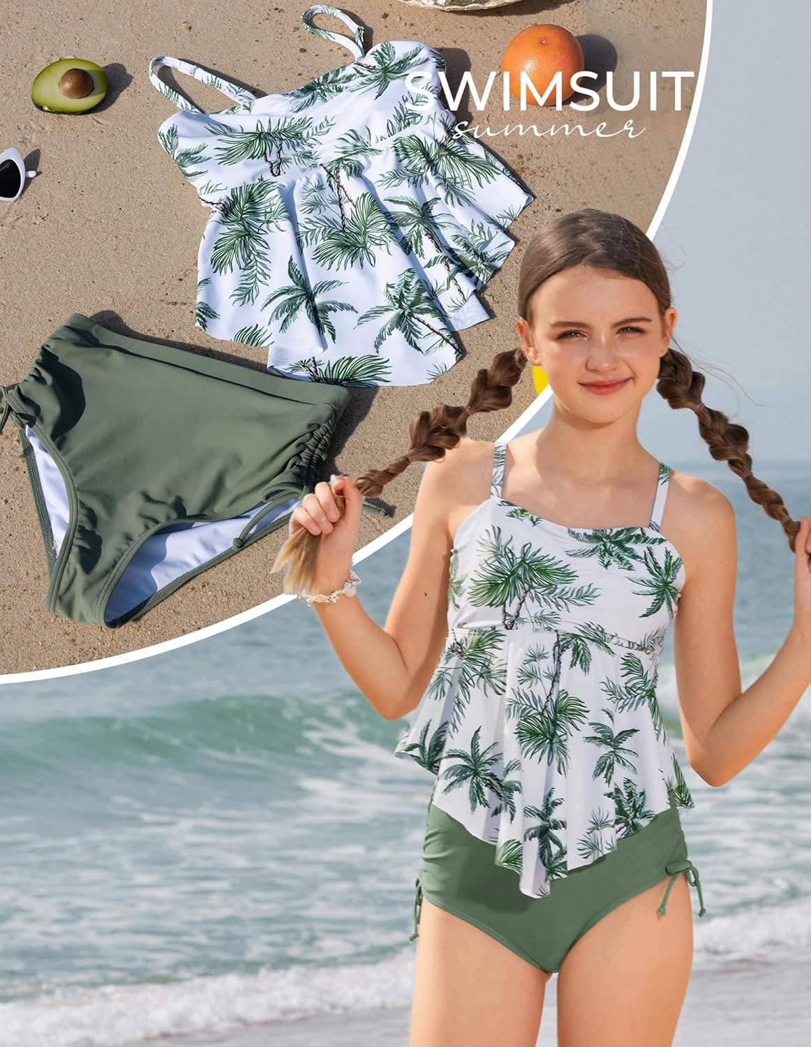imageGRACE KARIN Girls Tankini Swimsuit Swimwear Teen Cute Ruffle Bathing Suit Kids 2 Piece Shirred Bikini Set with Padded 816Army Greencoconut Tree