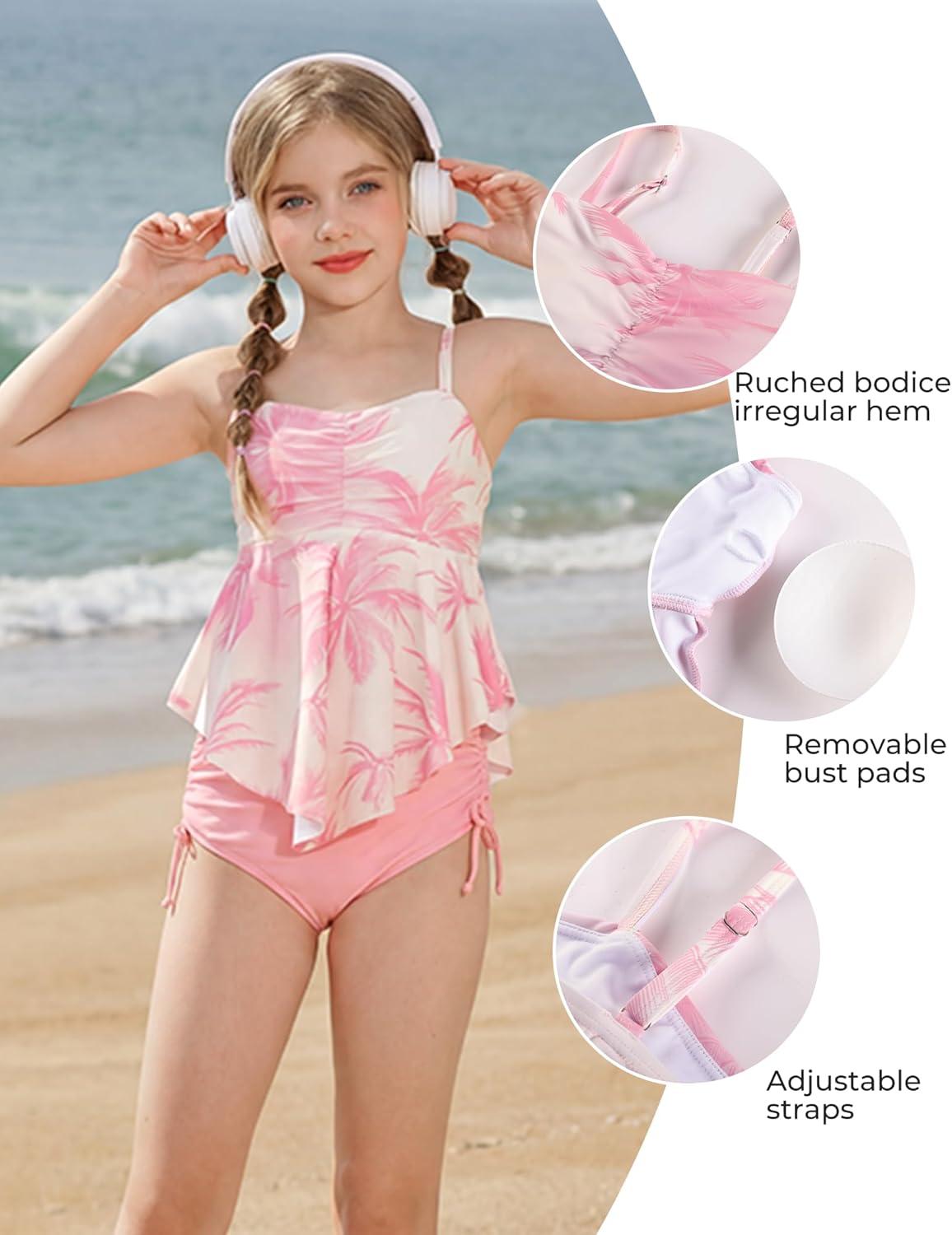 imageGRACE KARIN Girls Tankini Swimsuit Swimwear Teen Cute Ruffle Bathing Suit Kids 2 Piece Shirred Bikini Set with Padded 816Light Pinkcoconut Tree