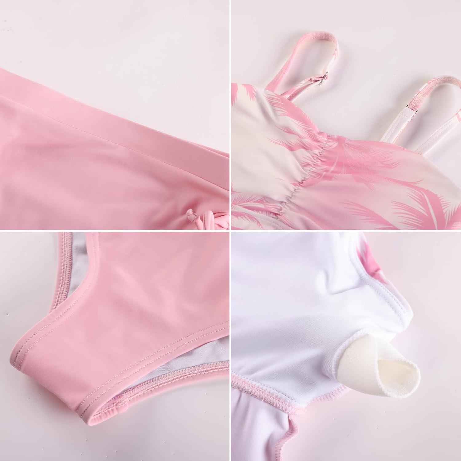 imageGRACE KARIN Girls Tankini Swimsuit Swimwear Teen Cute Ruffle Bathing Suit Kids 2 Piece Shirred Bikini Set with Padded 816Light Pinkcoconut Tree