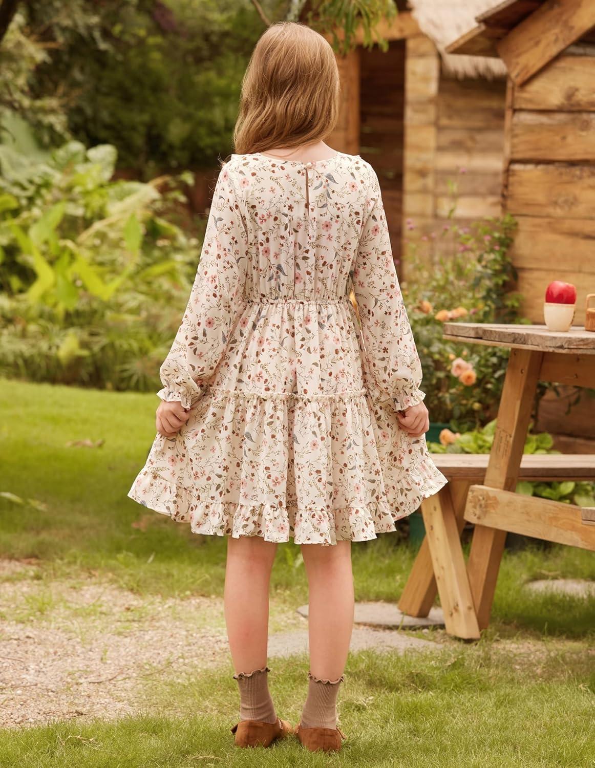 imageGRACE KARIN Girls VNeck Floral Dresses 614Y Kids Long Sleeve Casual Fall Winter Christmas Holiday Hawaiian Flower DressApricot