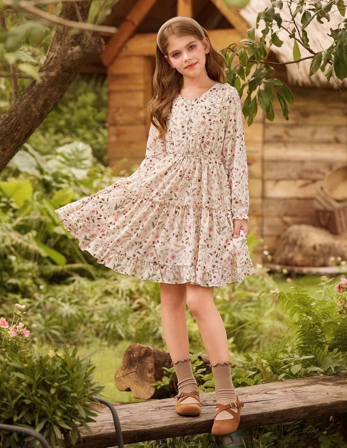 imageGRACE KARIN Girls VNeck Floral Dresses 614Y Kids Long Sleeve Casual Fall Winter Christmas Holiday Hawaiian Flower DressApricot
