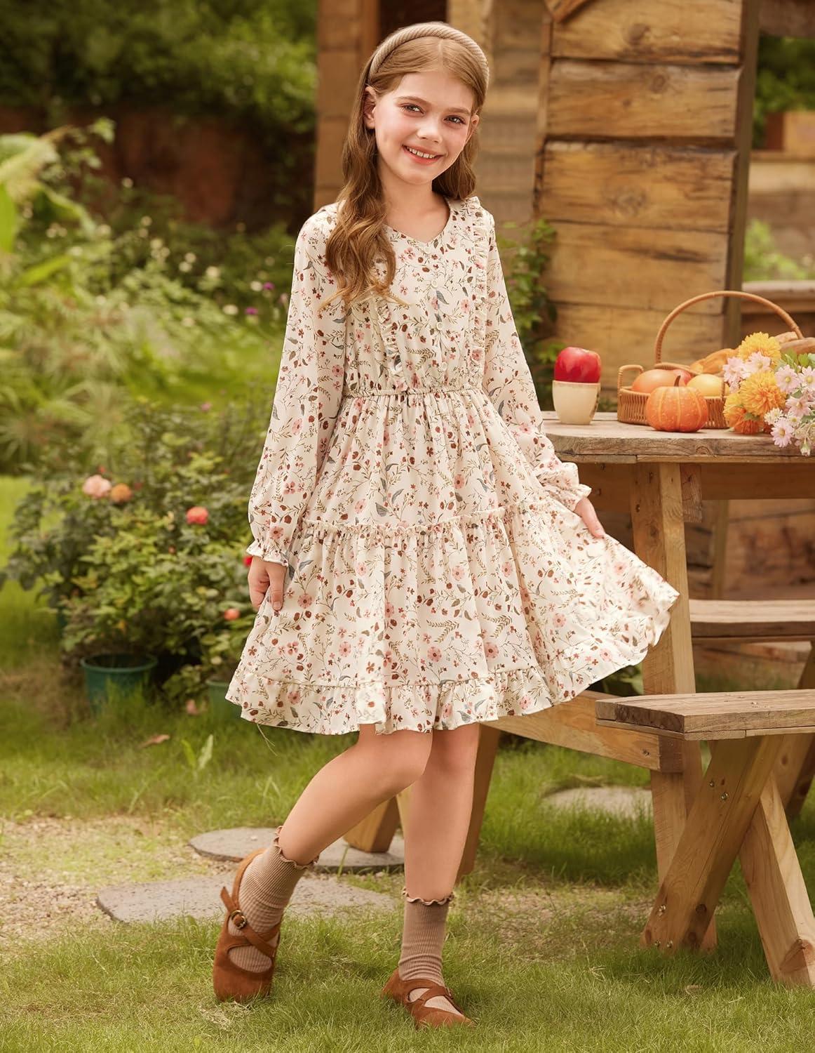 imageGRACE KARIN Girls VNeck Floral Dresses 614Y Kids Long Sleeve Casual Fall Winter Christmas Holiday Hawaiian Flower DressApricot