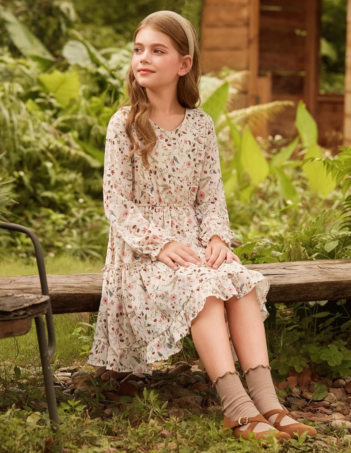imageGRACE KARIN Girls VNeck Floral Dresses 614Y Kids Long Sleeve Casual Fall Winter Christmas Holiday Hawaiian Flower DressApricot