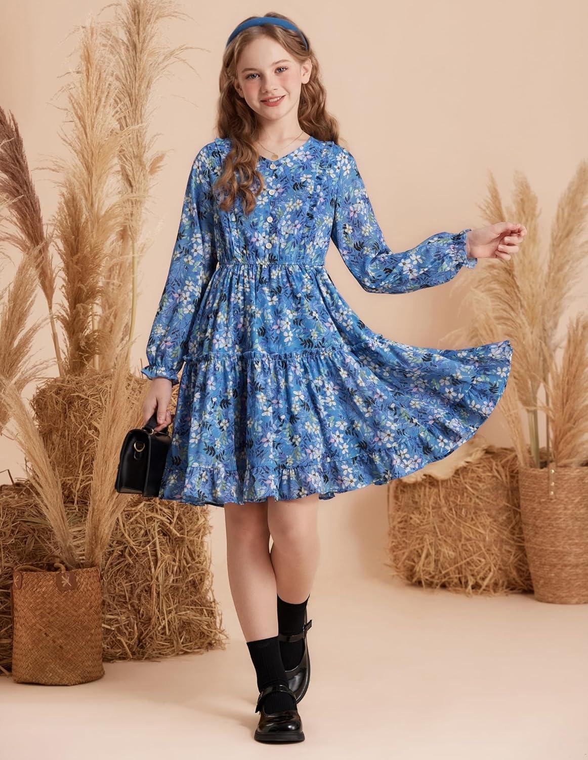 imageGRACE KARIN Girls VNeck Floral Dresses 614Y Kids Long Sleeve Casual Fall Winter Christmas Holiday Hawaiian Flower DressBlue