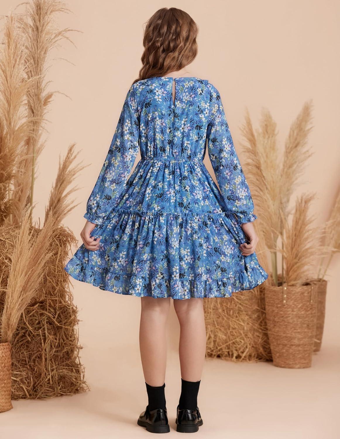 imageGRACE KARIN Girls VNeck Floral Dresses 614Y Kids Long Sleeve Casual Fall Winter Christmas Holiday Hawaiian Flower DressBlue