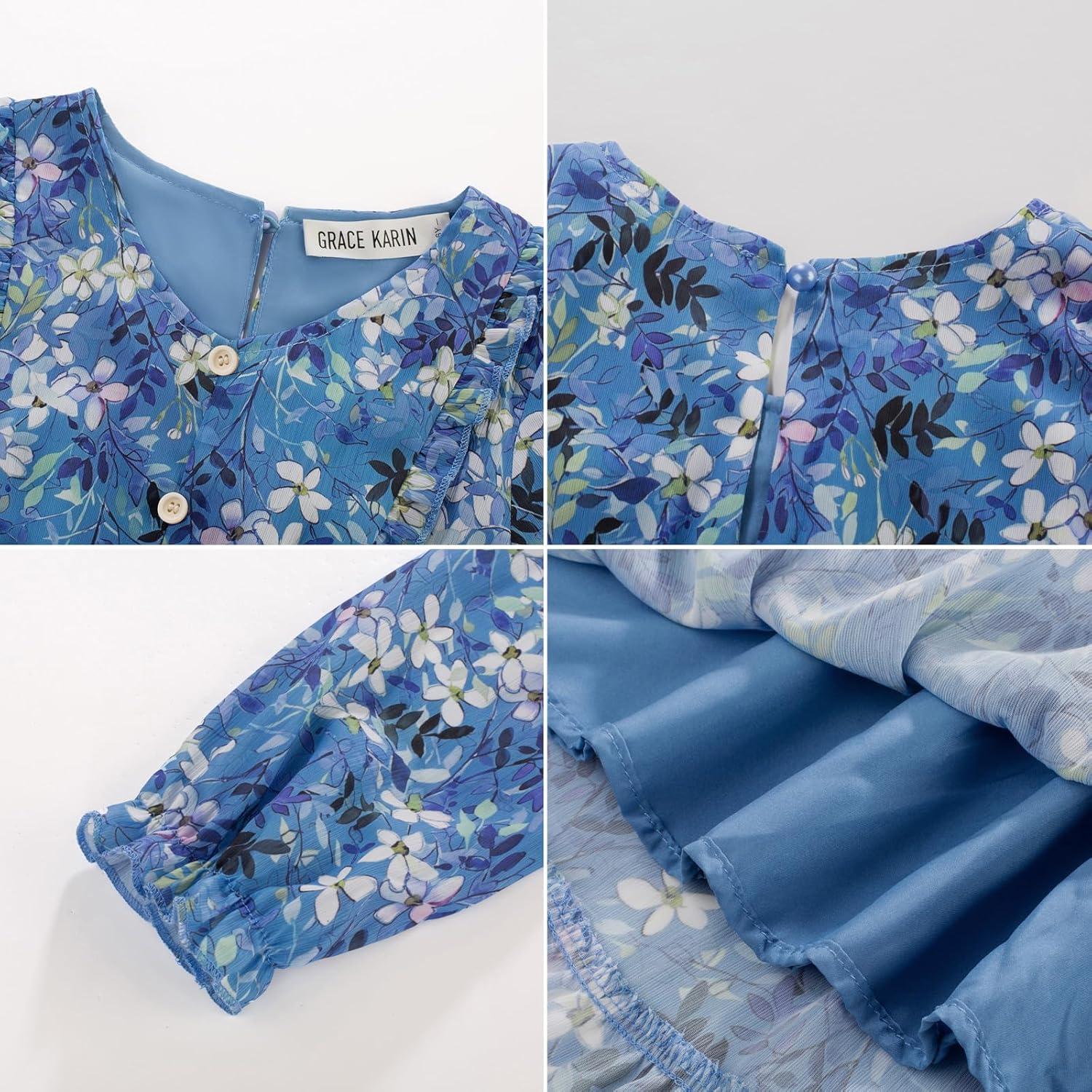imageGRACE KARIN Girls VNeck Floral Dresses 614Y Kids Long Sleeve Casual Fall Winter Christmas Holiday Hawaiian Flower DressBlue
