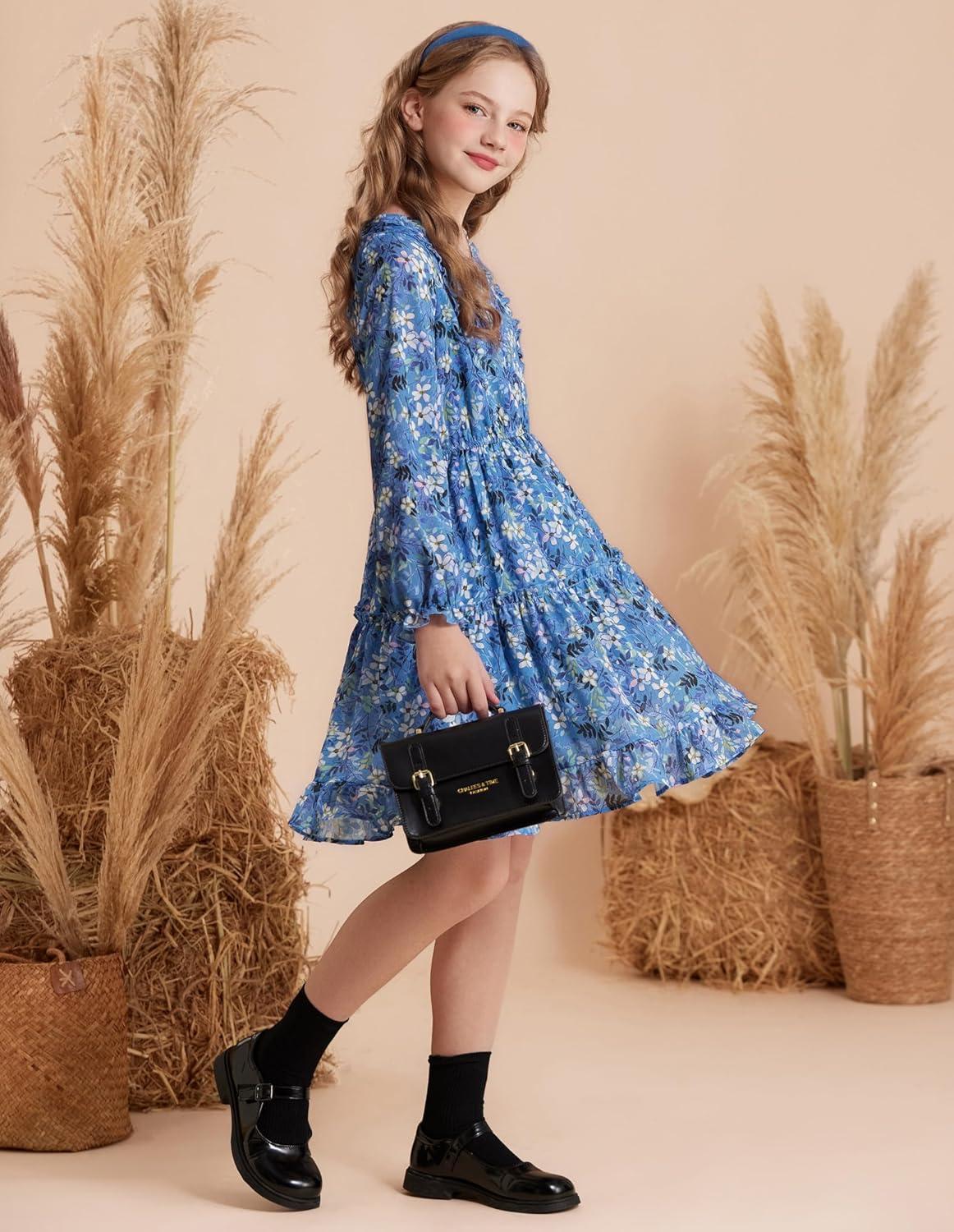 imageGRACE KARIN Girls VNeck Floral Dresses 614Y Kids Long Sleeve Casual Fall Winter Christmas Holiday Hawaiian Flower DressBlue