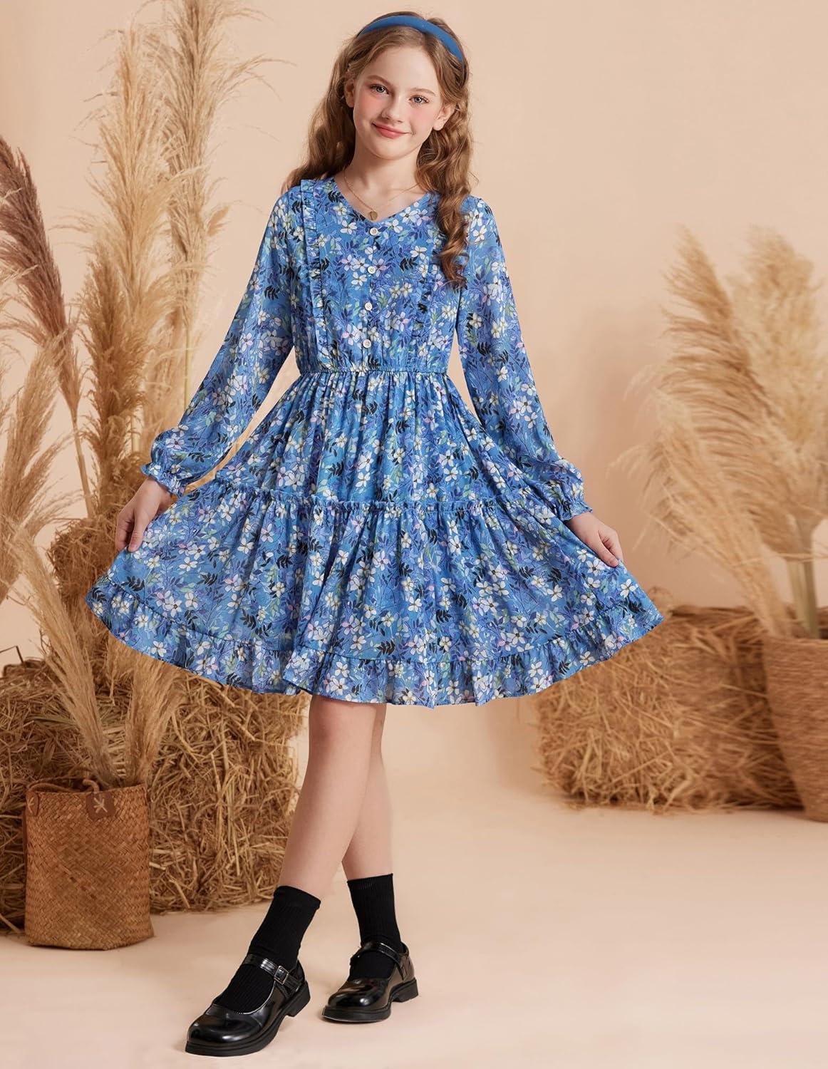 imageGRACE KARIN Girls VNeck Floral Dresses 614Y Kids Long Sleeve Casual Fall Winter Christmas Holiday Hawaiian Flower DressBlue