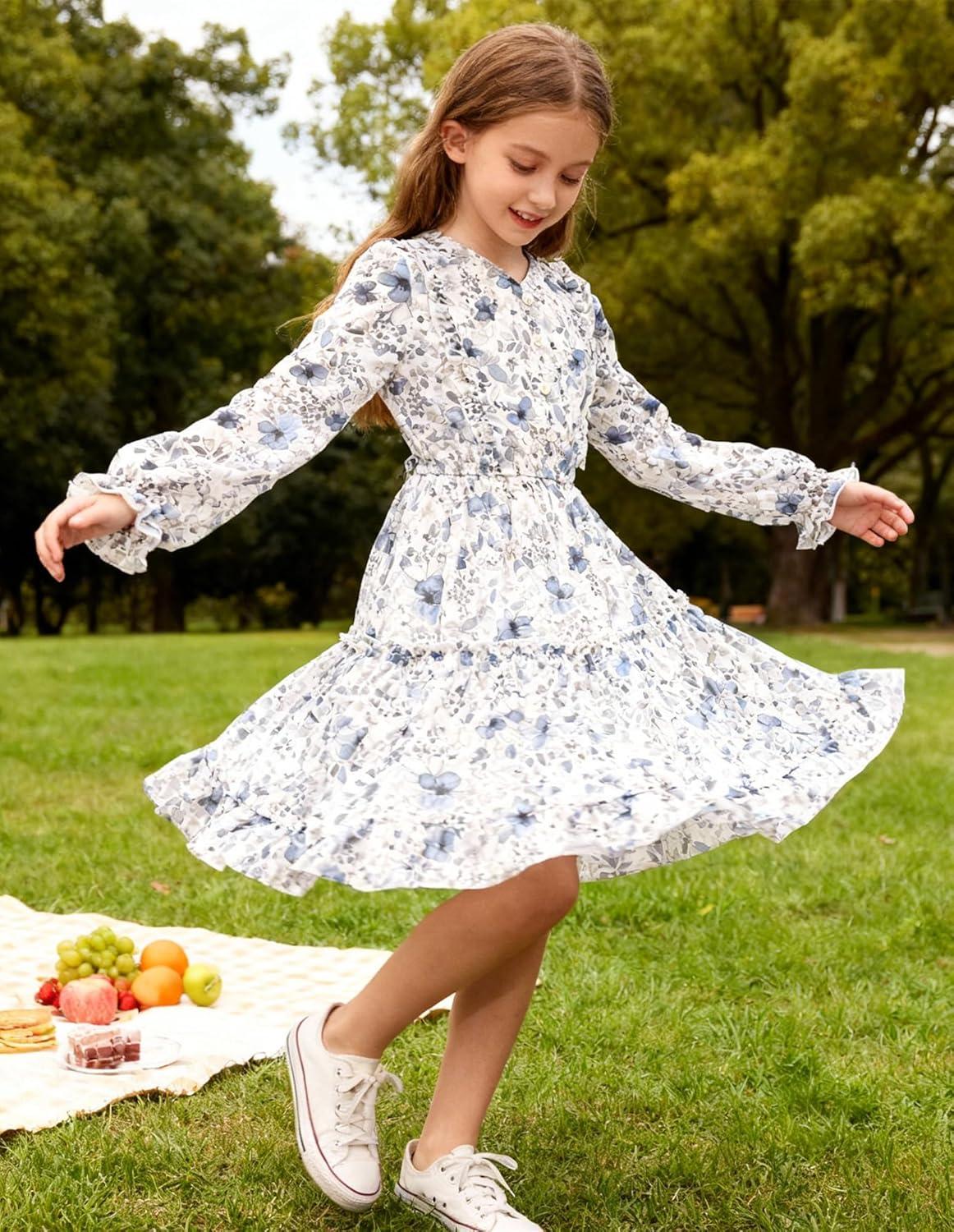 imageGRACE KARIN Girls VNeck Floral Dresses 614Y Kids Long Sleeve Casual Fall Winter Christmas Holiday Hawaiian Flower DressBlue Floral