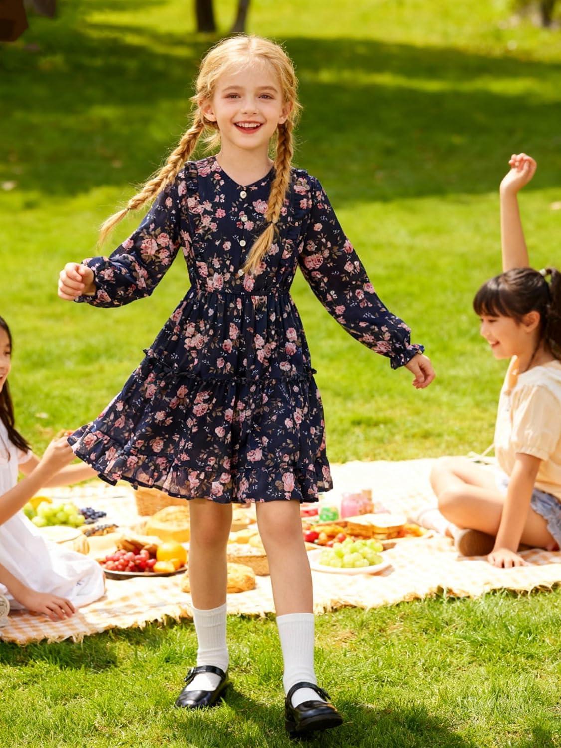 imageGRACE KARIN Girls VNeck Floral Dresses 614Y Kids Long Sleeve Casual Fall Winter Christmas Holiday Hawaiian Flower DressBlue Pink Floral