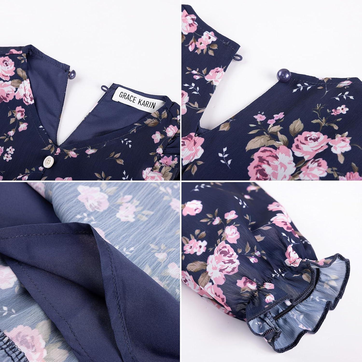 imageGRACE KARIN Girls VNeck Floral Dresses 614Y Kids Long Sleeve Casual Fall Winter Christmas Holiday Hawaiian Flower DressBlue Pink Floral