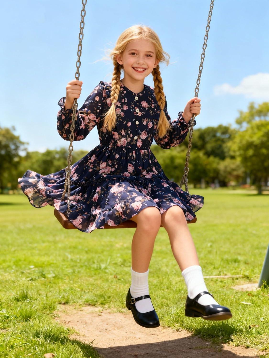 imageGRACE KARIN Girls VNeck Floral Dresses 614Y Kids Long Sleeve Casual Fall Winter Christmas Holiday Hawaiian Flower DressBlue Pink Floral