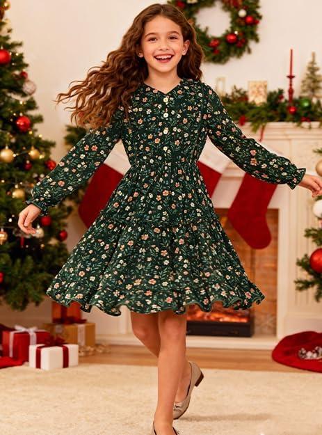 imageGRACE KARIN Girls VNeck Floral Dresses 614Y Kids Long Sleeve Casual Fall Winter Christmas Holiday Hawaiian Flower DressGreen Floral