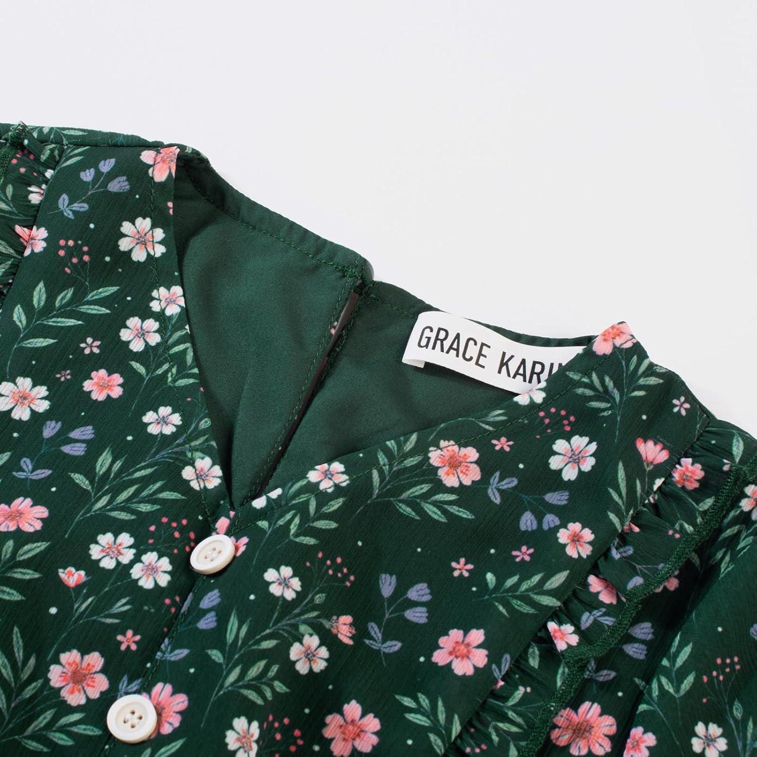 imageGRACE KARIN Girls VNeck Floral Dresses 614Y Kids Long Sleeve Casual Fall Winter Christmas Holiday Hawaiian Flower DressGreen Floral