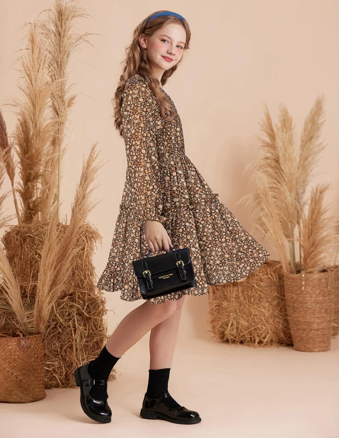 imageGRACE KARIN Girls VNeck Floral Dresses 614Y Kids Long Sleeve Casual Fall Winter Christmas Holiday Hawaiian Flower DressLight Brown Floral
