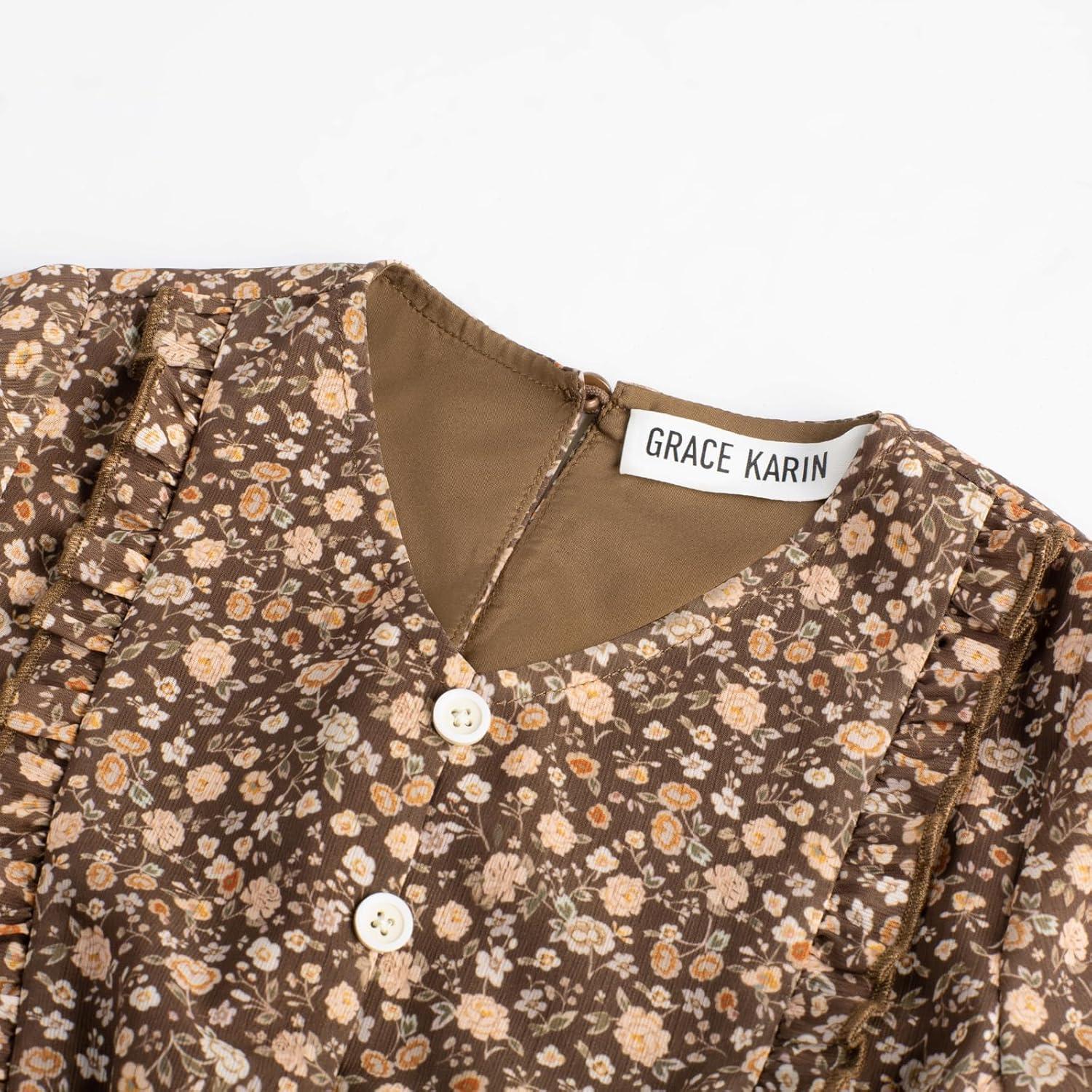 imageGRACE KARIN Girls VNeck Floral Dresses 614Y Kids Long Sleeve Casual Fall Winter Christmas Holiday Hawaiian Flower DressLight Brown Floral