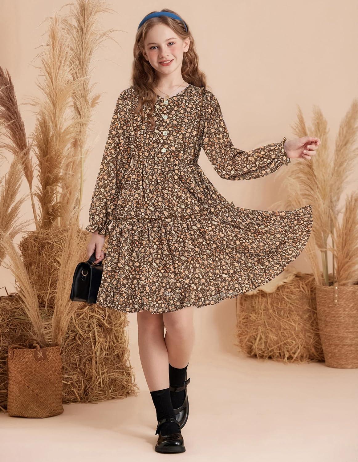imageGRACE KARIN Girls VNeck Floral Dresses 614Y Kids Long Sleeve Casual Fall Winter Christmas Holiday Hawaiian Flower DressLight Brown Floral