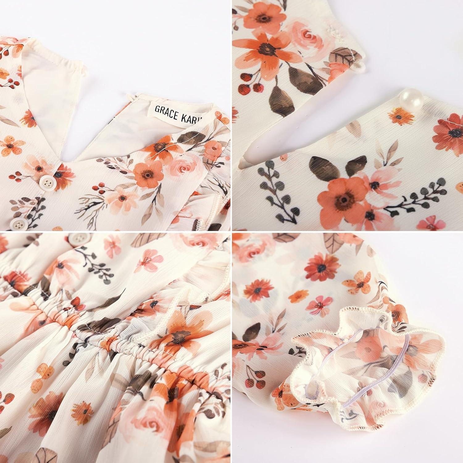 imageGRACE KARIN Girls VNeck Floral Dresses 614Y Kids Long Sleeve Casual Fall Winter Christmas Holiday Hawaiian Flower DressOrange Floral