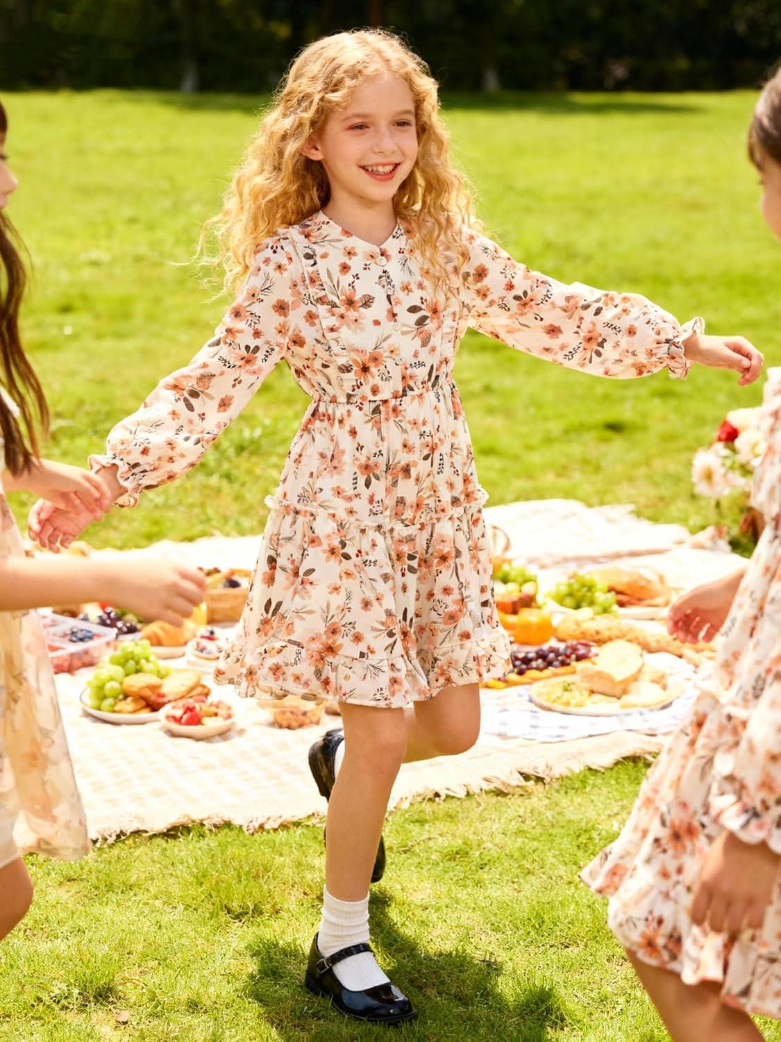imageGRACE KARIN Girls VNeck Floral Dresses 614Y Kids Long Sleeve Casual Fall Winter Christmas Holiday Hawaiian Flower DressOrange Floral