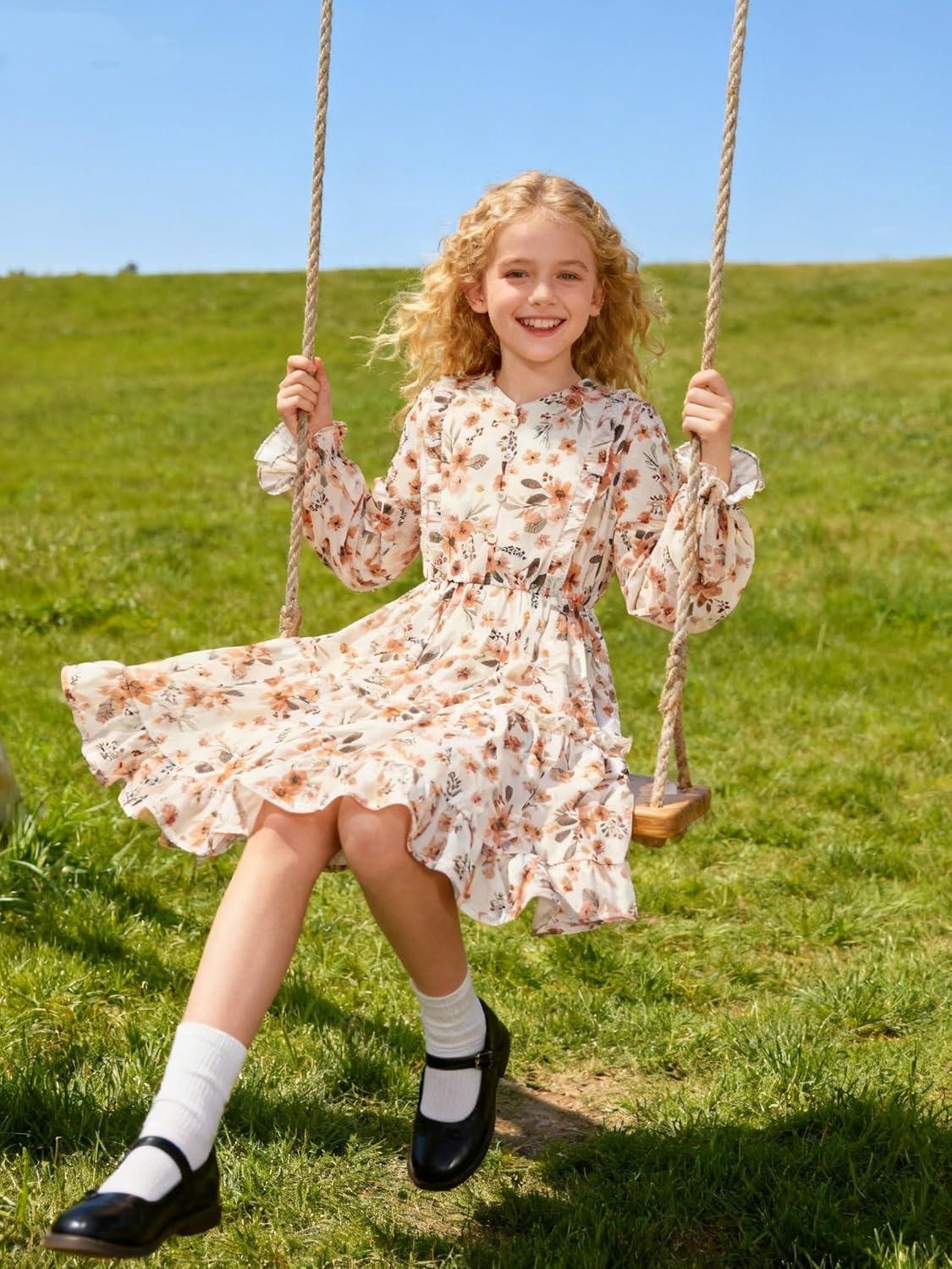 imageGRACE KARIN Girls VNeck Floral Dresses 614Y Kids Long Sleeve Casual Fall Winter Christmas Holiday Hawaiian Flower DressOrange Floral