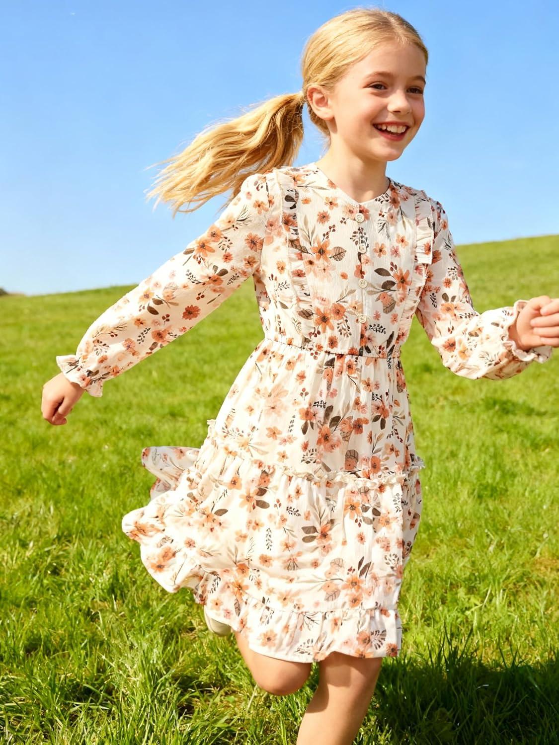 imageGRACE KARIN Girls VNeck Floral Dresses 614Y Kids Long Sleeve Casual Fall Winter Christmas Holiday Hawaiian Flower DressOrange Floral