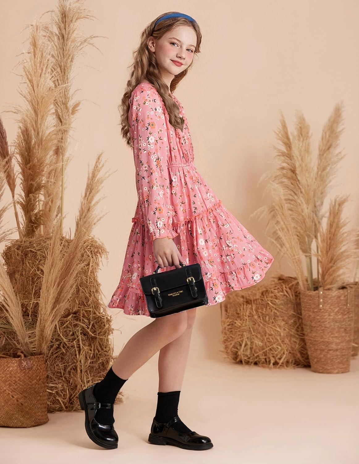imageGRACE KARIN Girls VNeck Floral Dresses 614Y Kids Long Sleeve Casual Fall Winter Christmas Holiday Hawaiian Flower DressPink Floral