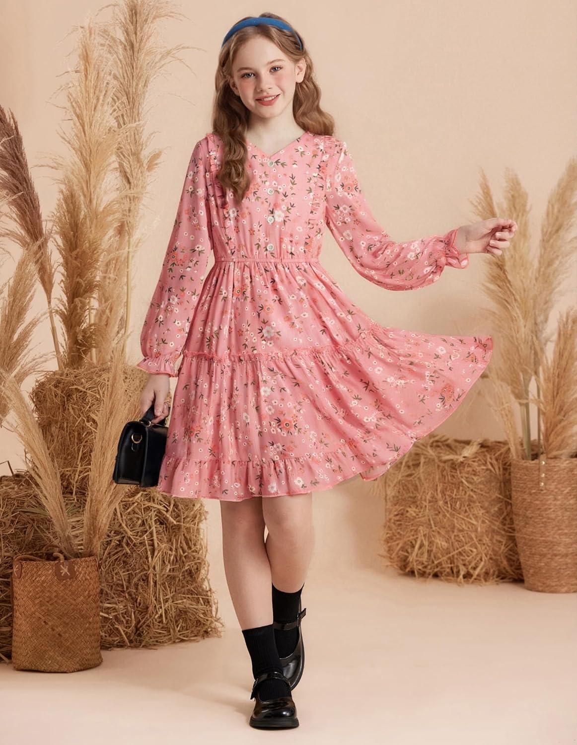 imageGRACE KARIN Girls VNeck Floral Dresses 614Y Kids Long Sleeve Casual Fall Winter Christmas Holiday Hawaiian Flower DressPink Floral