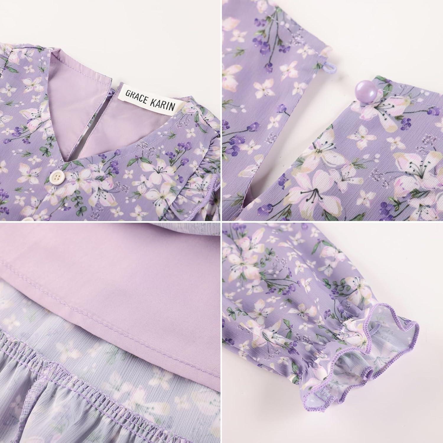 imageGRACE KARIN Girls VNeck Floral Dresses 614Y Kids Long Sleeve Casual Fall Winter Christmas Holiday Hawaiian Flower DressPurple Floral