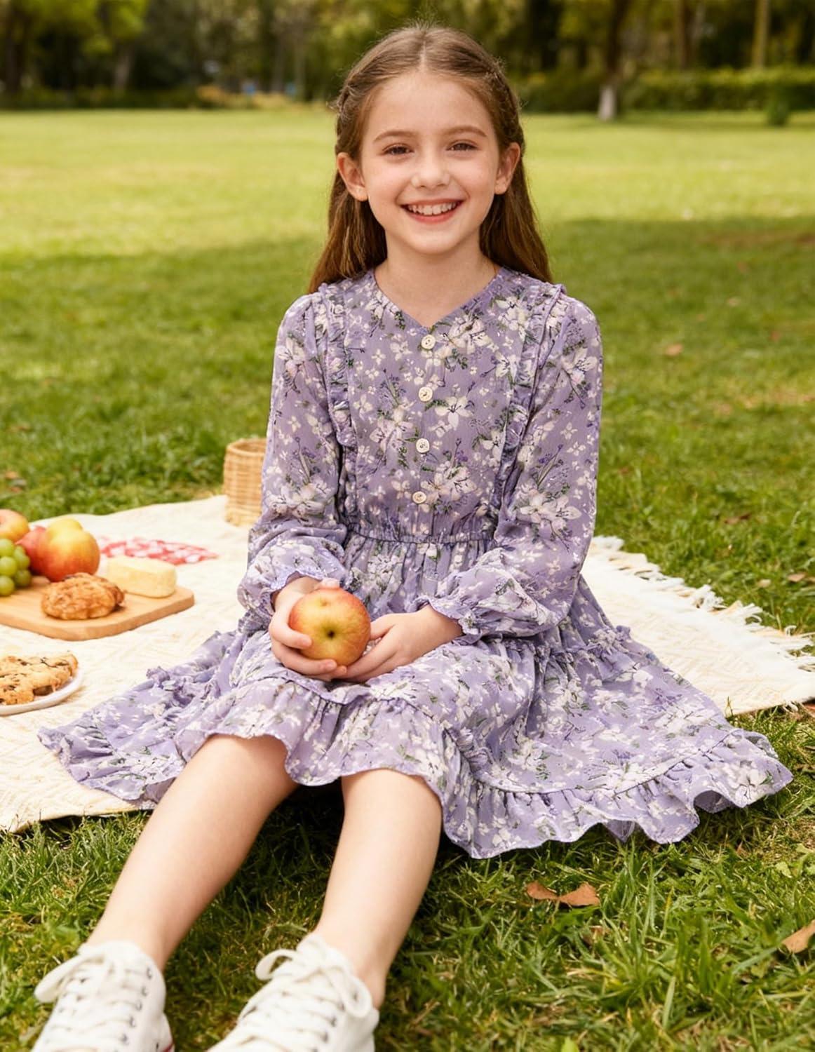 imageGRACE KARIN Girls VNeck Floral Dresses 614Y Kids Long Sleeve Casual Fall Winter Christmas Holiday Hawaiian Flower DressPurple Floral