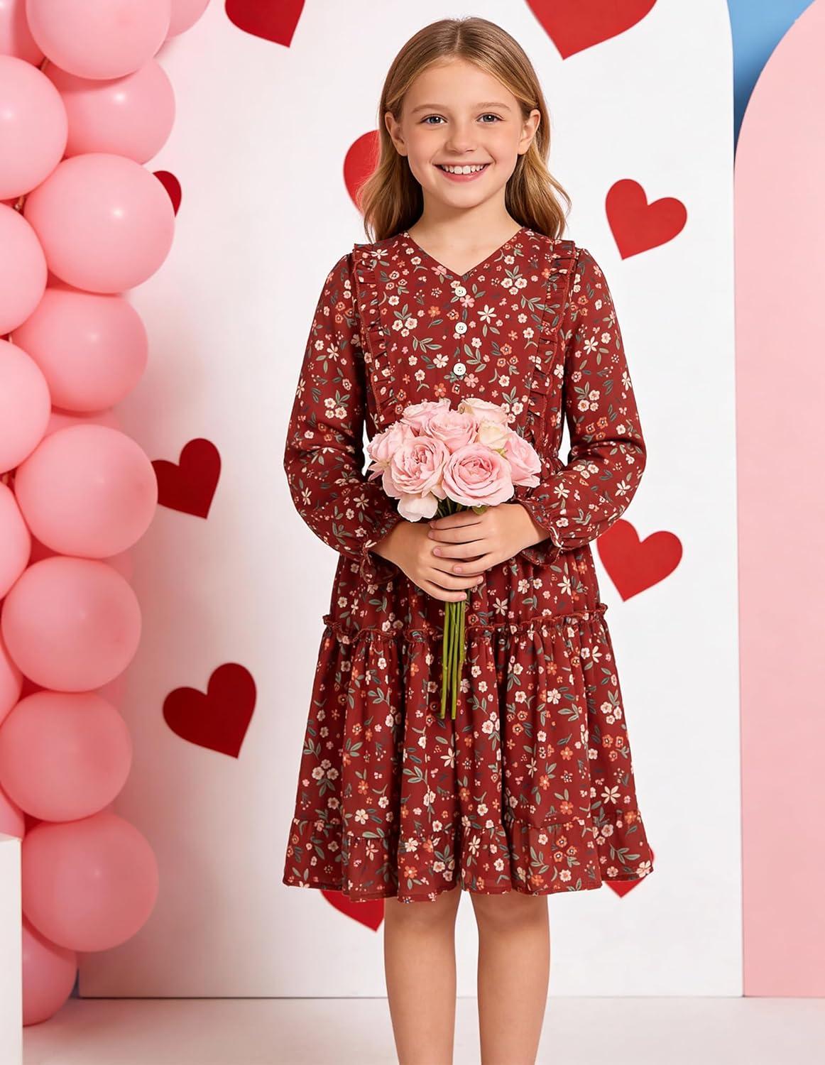 imageGRACE KARIN Girls VNeck Floral Dresses 614Y Kids Long Sleeve Casual Fall Winter Christmas Holiday Hawaiian Flower DressRed