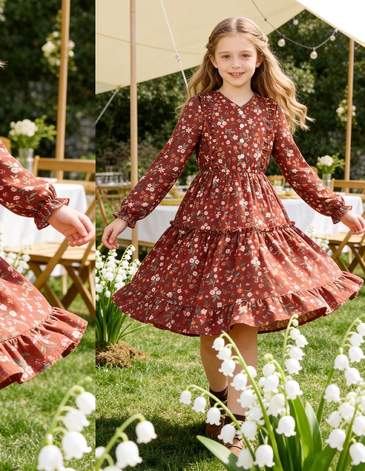 imageGRACE KARIN Girls VNeck Floral Dresses 614Y Kids Long Sleeve Casual Fall Winter Christmas Holiday Hawaiian Flower DressRed
