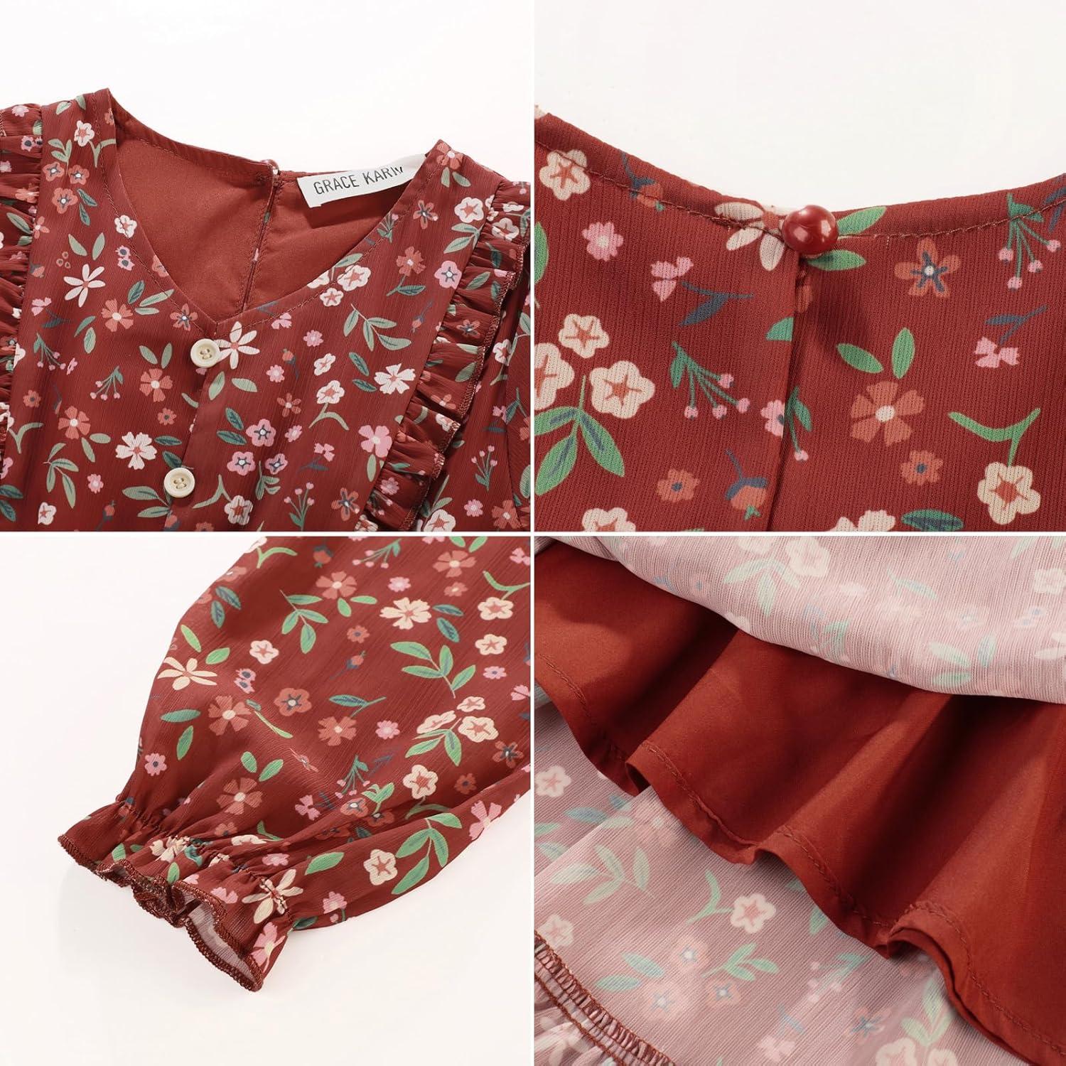 imageGRACE KARIN Girls VNeck Floral Dresses 614Y Kids Long Sleeve Casual Fall Winter Christmas Holiday Hawaiian Flower DressRed