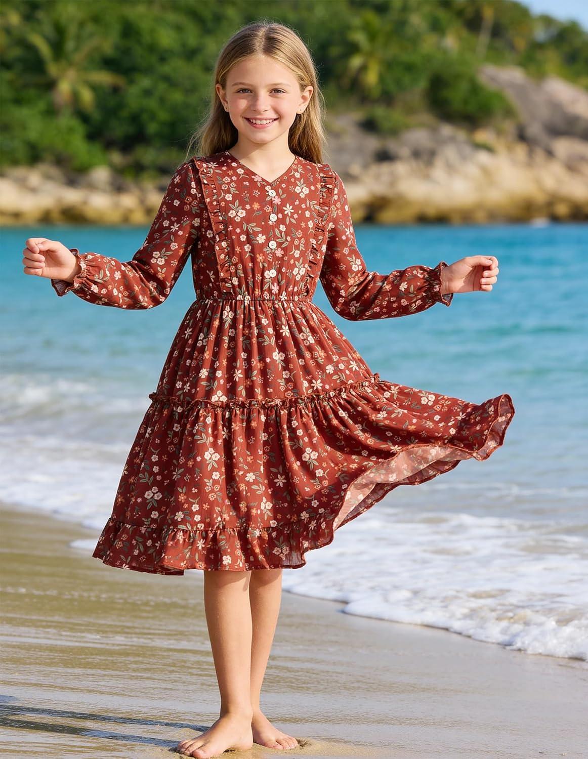 imageGRACE KARIN Girls VNeck Floral Dresses 614Y Kids Long Sleeve Casual Fall Winter Christmas Holiday Hawaiian Flower DressRed
