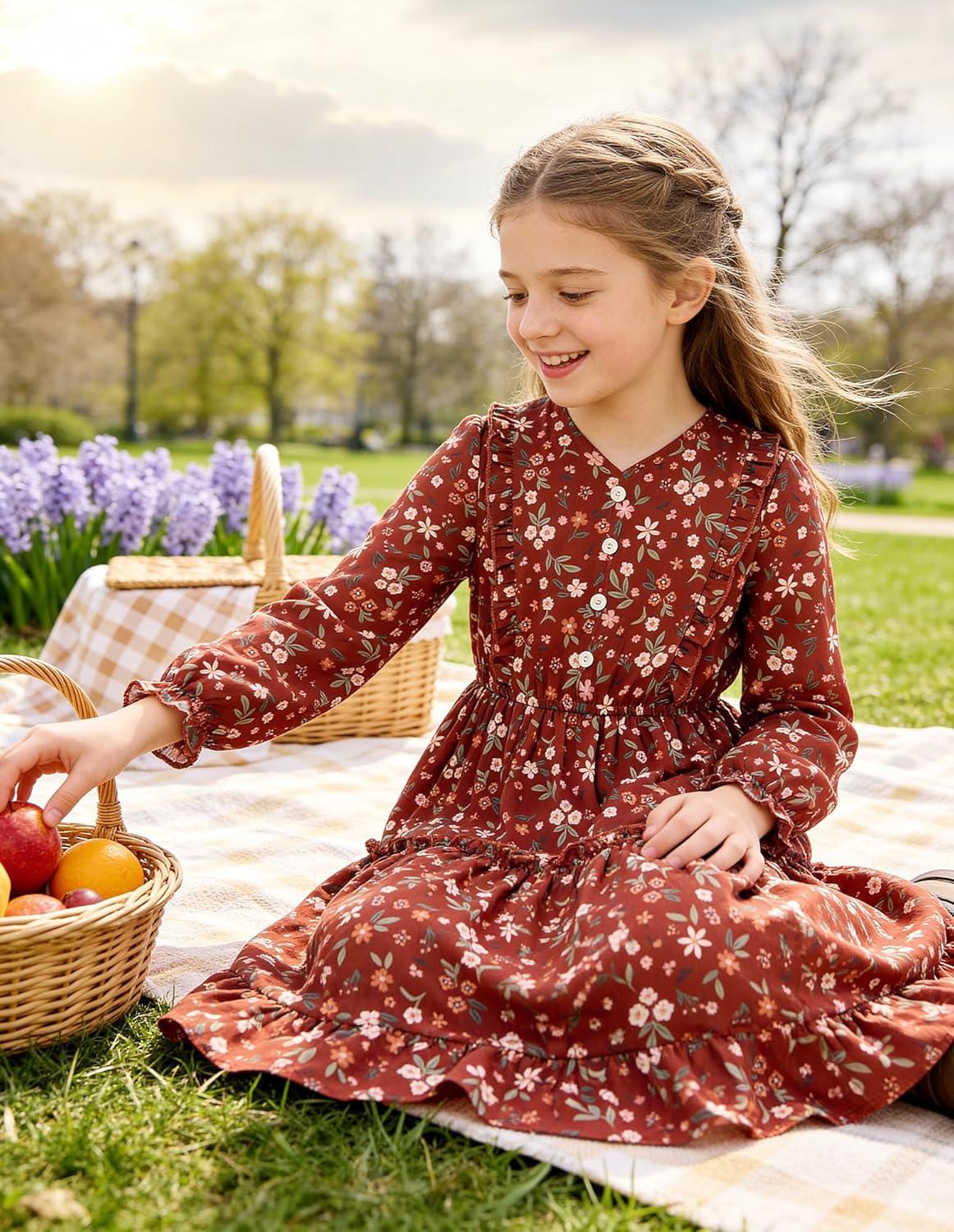 imageGRACE KARIN Girls VNeck Floral Dresses 614Y Kids Long Sleeve Casual Fall Winter Christmas Holiday Hawaiian Flower DressRed