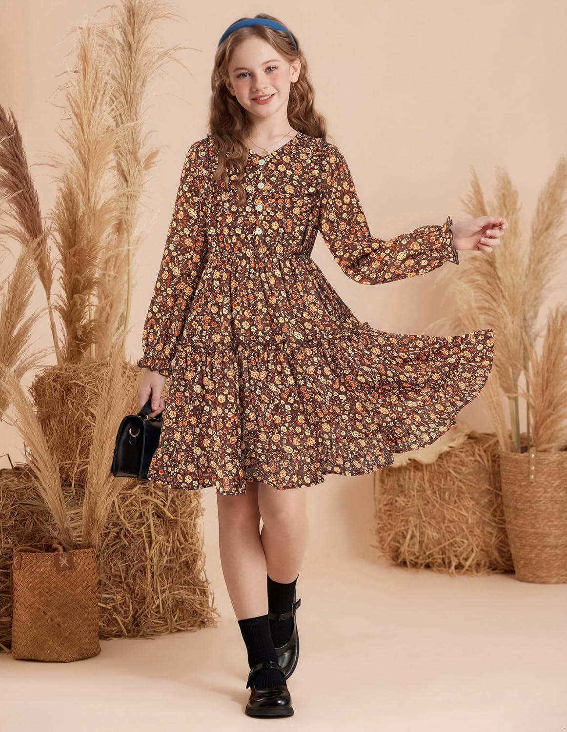 imageGRACE KARIN Girls VNeck Floral Dresses 614Y Kids Long Sleeve Casual Fall Winter Christmas Holiday Hawaiian Flower DressRed Brown Floral