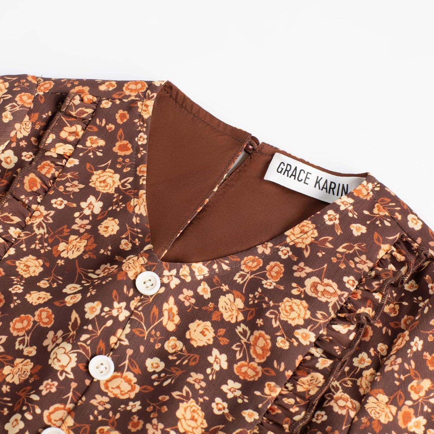 imageGRACE KARIN Girls VNeck Floral Dresses 614Y Kids Long Sleeve Casual Fall Winter Christmas Holiday Hawaiian Flower DressRed Brown Floral