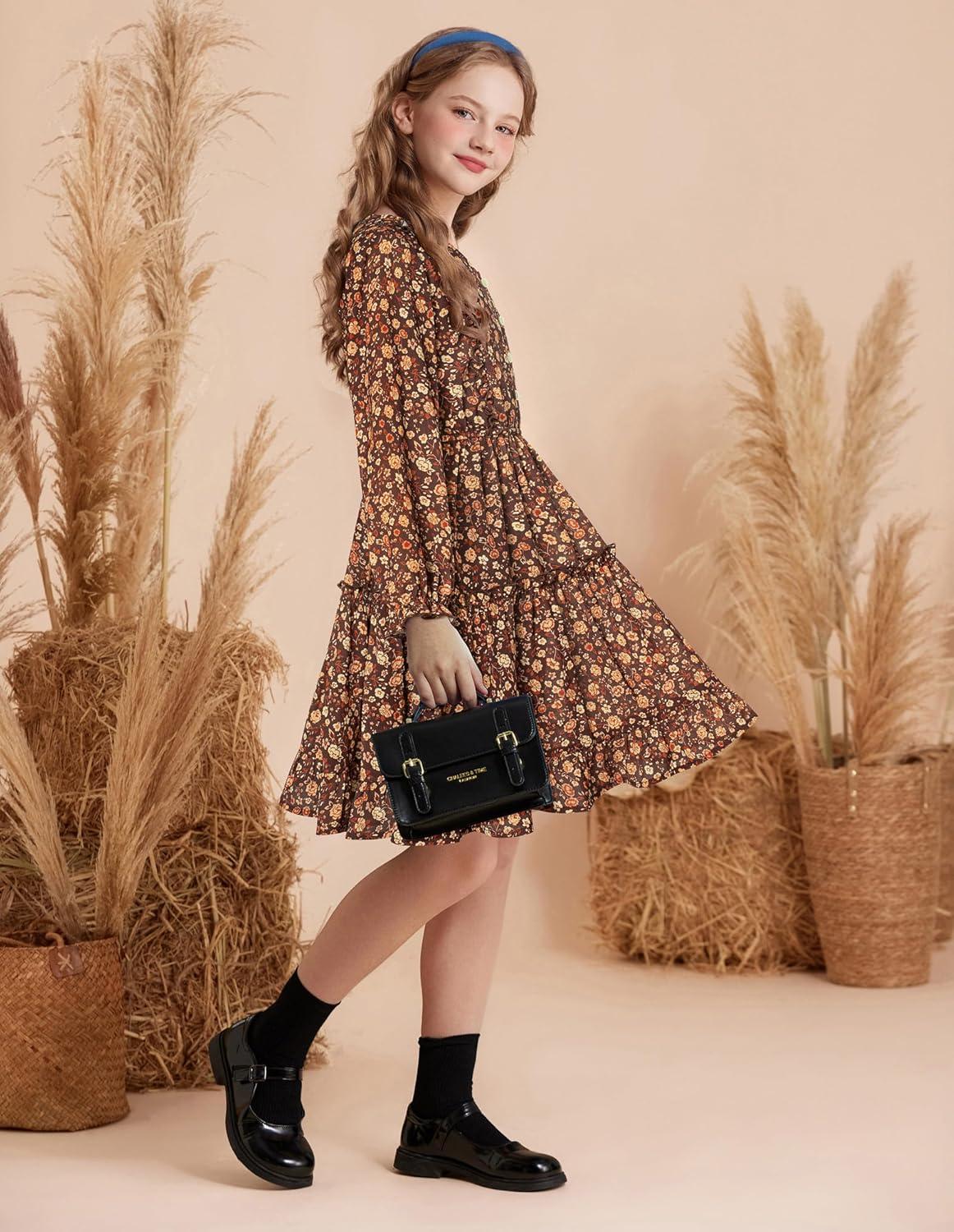 imageGRACE KARIN Girls VNeck Floral Dresses 614Y Kids Long Sleeve Casual Fall Winter Christmas Holiday Hawaiian Flower DressRed Brown Floral