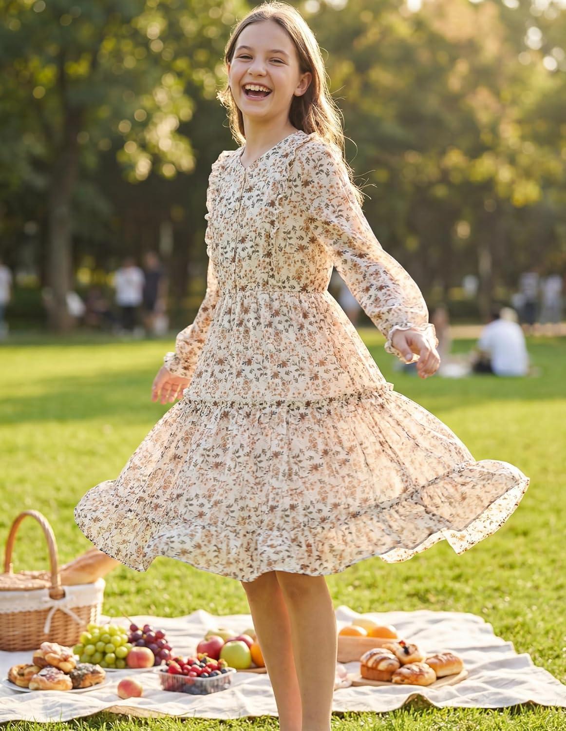 imageGRACE KARIN Girls VNeck Floral Dresses 614Y Kids Long Sleeve Casual Fall Winter Christmas Holiday Hawaiian Flower DressWhite Floral