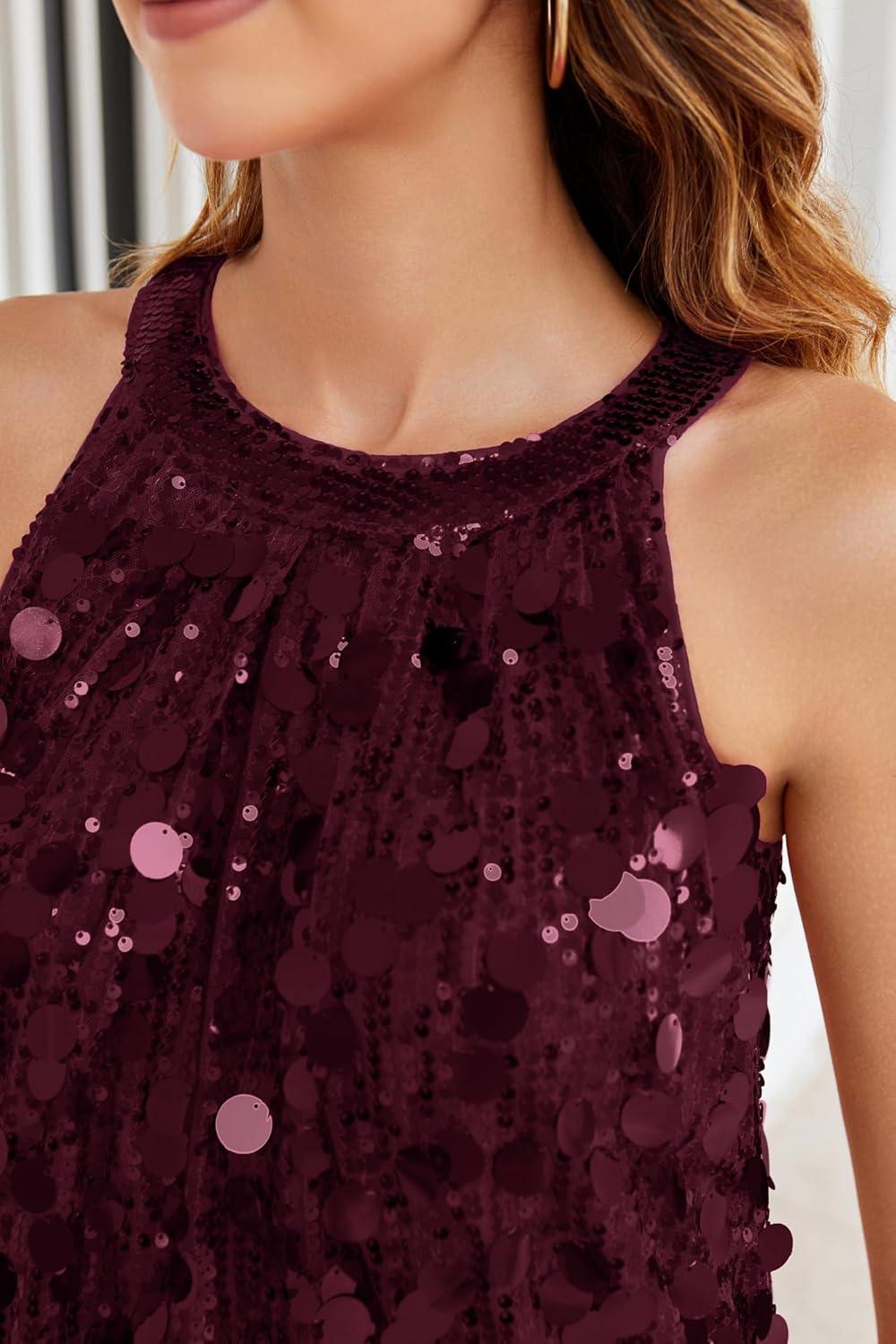 imageGRACE KARIN Halter Sequin Tank Tops for Women Sleeveless Sparkly Glitter Club Outfits Ruched Flowy Shiny Party Concert ShirtWine Red