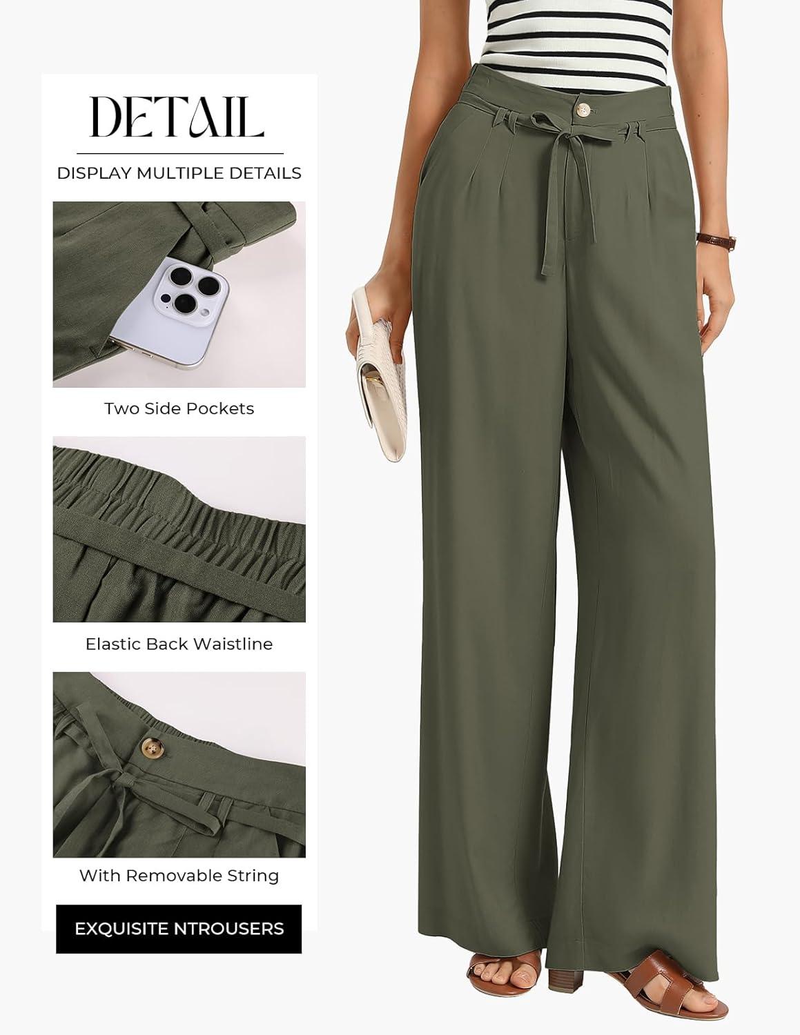 imageGRACE KARIN Linen Pants WomenElastic High Waist Wide Leg Pants with PocketsComfy Beach Vacation TrousersArmy Green