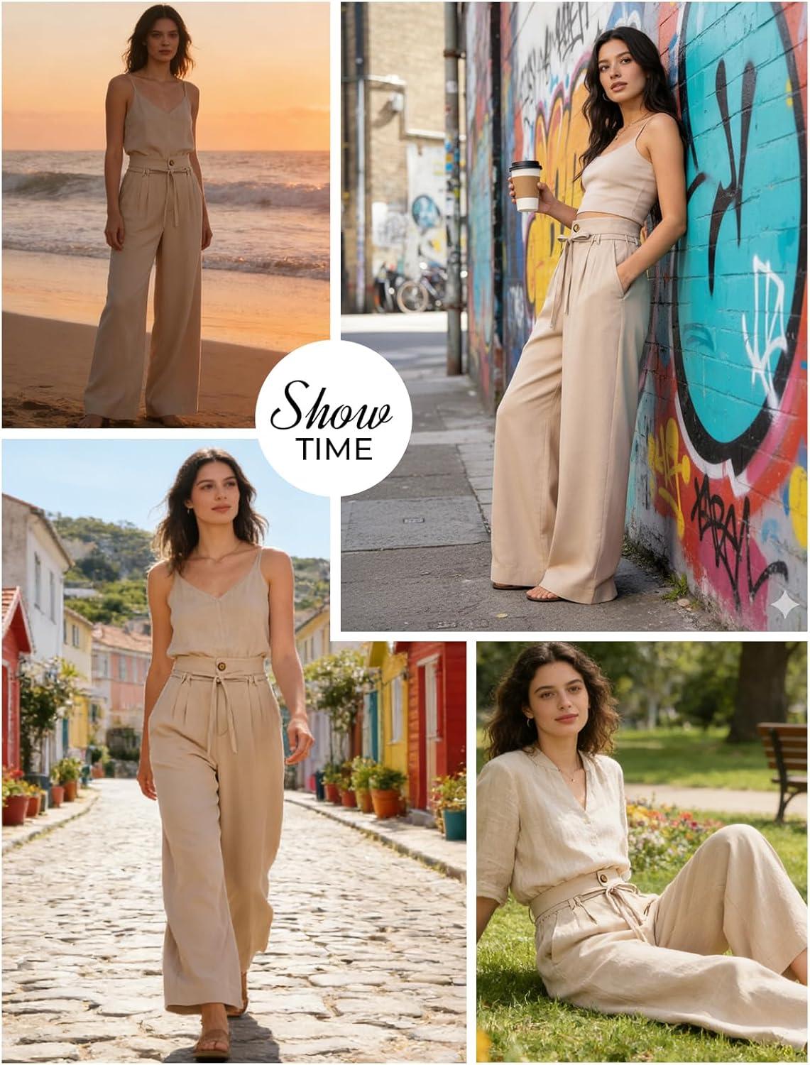 imageGRACE KARIN Linen Pants WomenElastic High Waist Wide Leg Pants with PocketsComfy Beach Vacation TrousersArmy Green