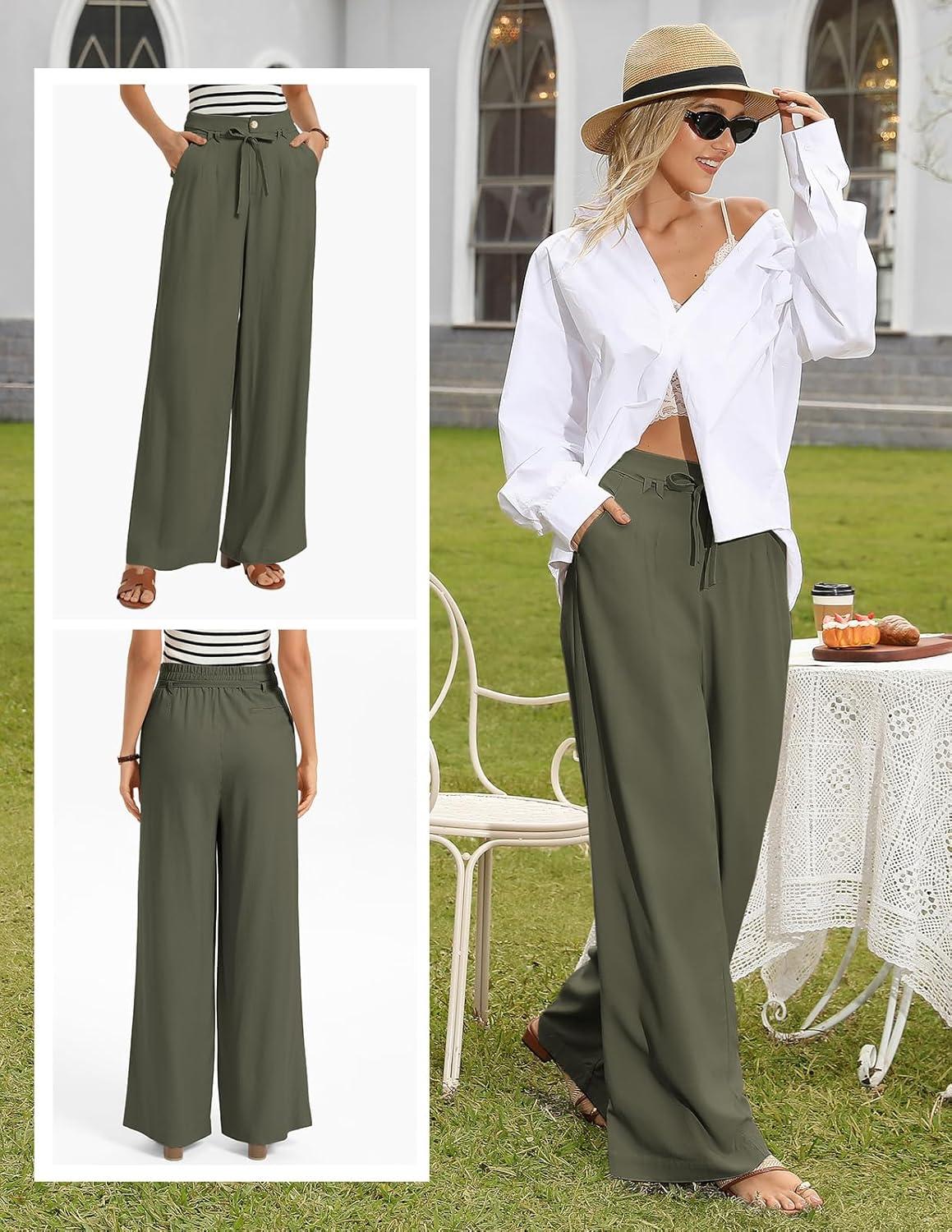 imageGRACE KARIN Linen Pants WomenElastic High Waist Wide Leg Pants with PocketsComfy Beach Vacation TrousersArmy Green