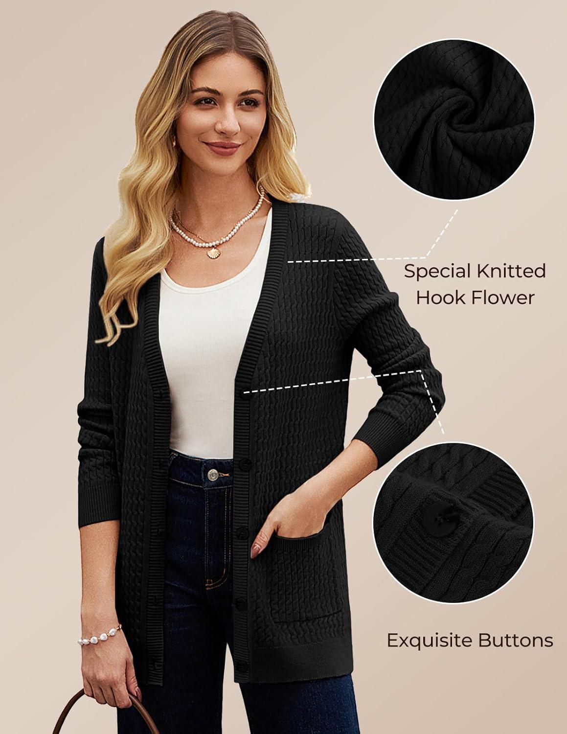 imageGRACE KARIN Long Cardigans for Women 2025 Cable Knit Cardigan Sweaters with Pockets Early Fall Fashion 2025Black