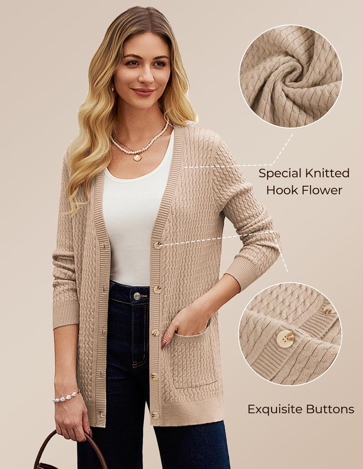 imageGRACE KARIN Long Cardigans for Women 2025 Cable Knit Cardigan Sweaters with Pockets Early Fall Fashion 2025Khaki