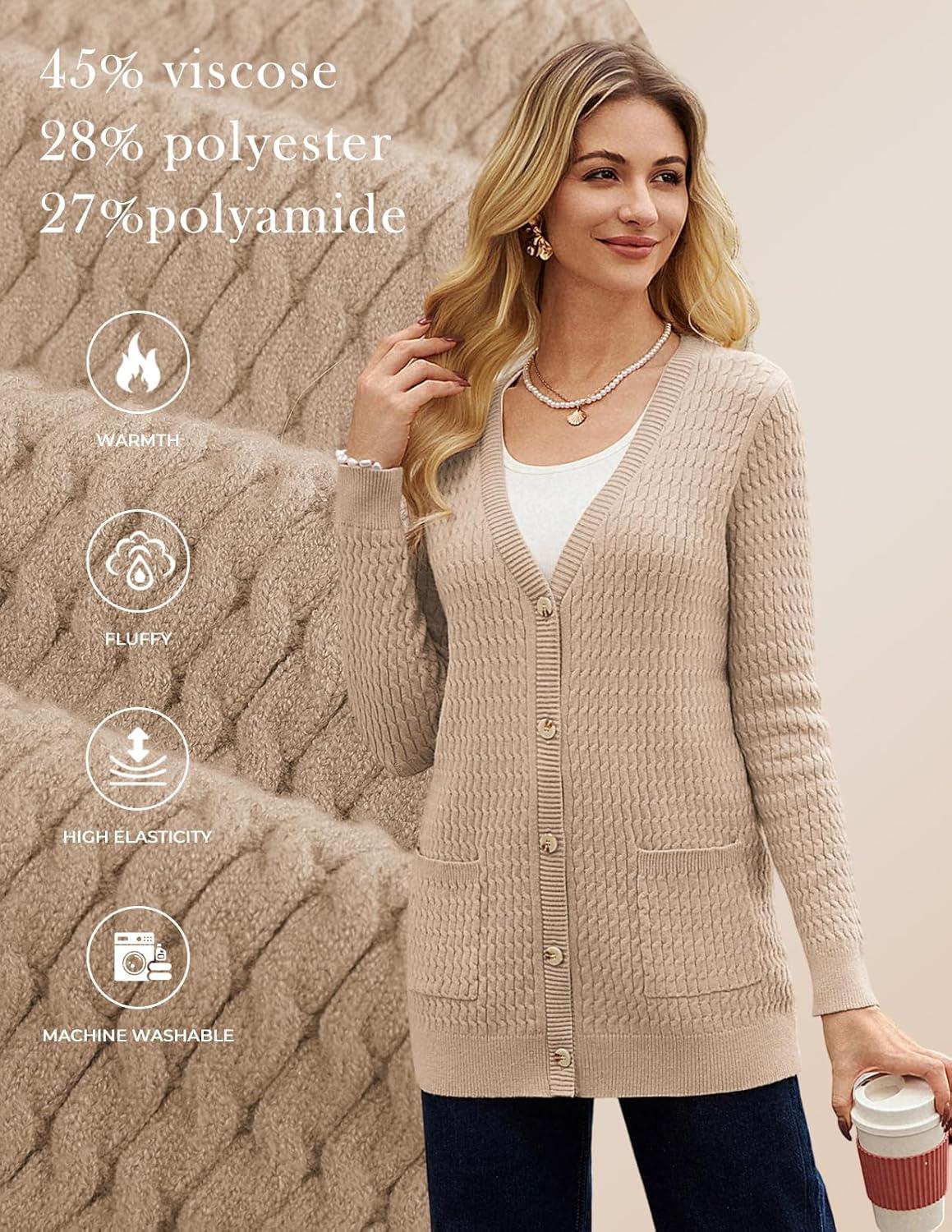 imageGRACE KARIN Long Cardigans for Women 2025 Cable Knit Cardigan Sweaters with Pockets Early Fall Fashion 2025Khaki