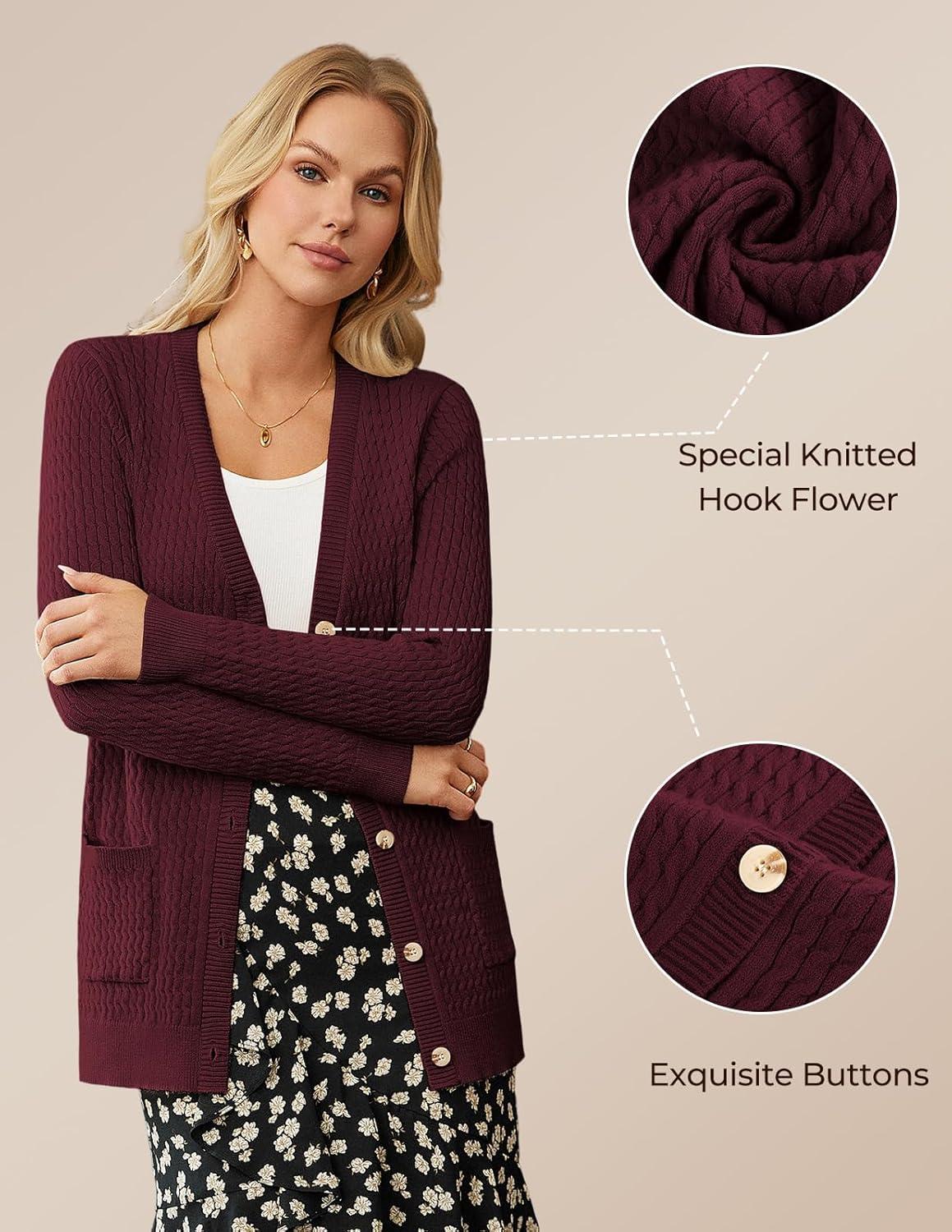 imageGRACE KARIN Long Cardigans for Women 2025 Cable Knit Cardigan Sweaters with Pockets Early Fall Fashion 2025Red
